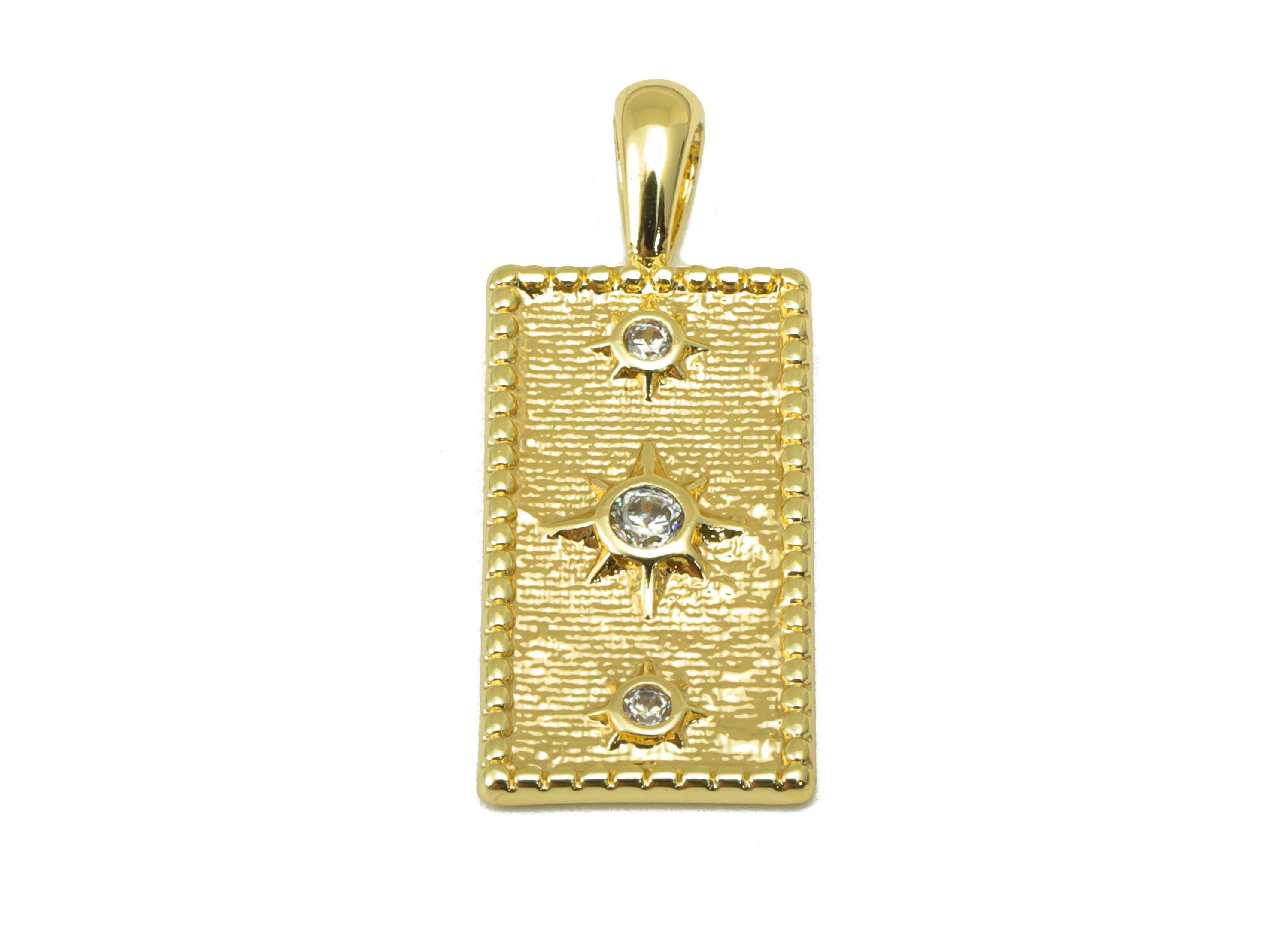 Brass Rectangle Earring Charm - Textured North Star Charm - Cubic Zirconia Charm - For Necklace - 18K Real Gold Plated- 24x9x1mm-RGP6293 - DOMEDBAZAAR
