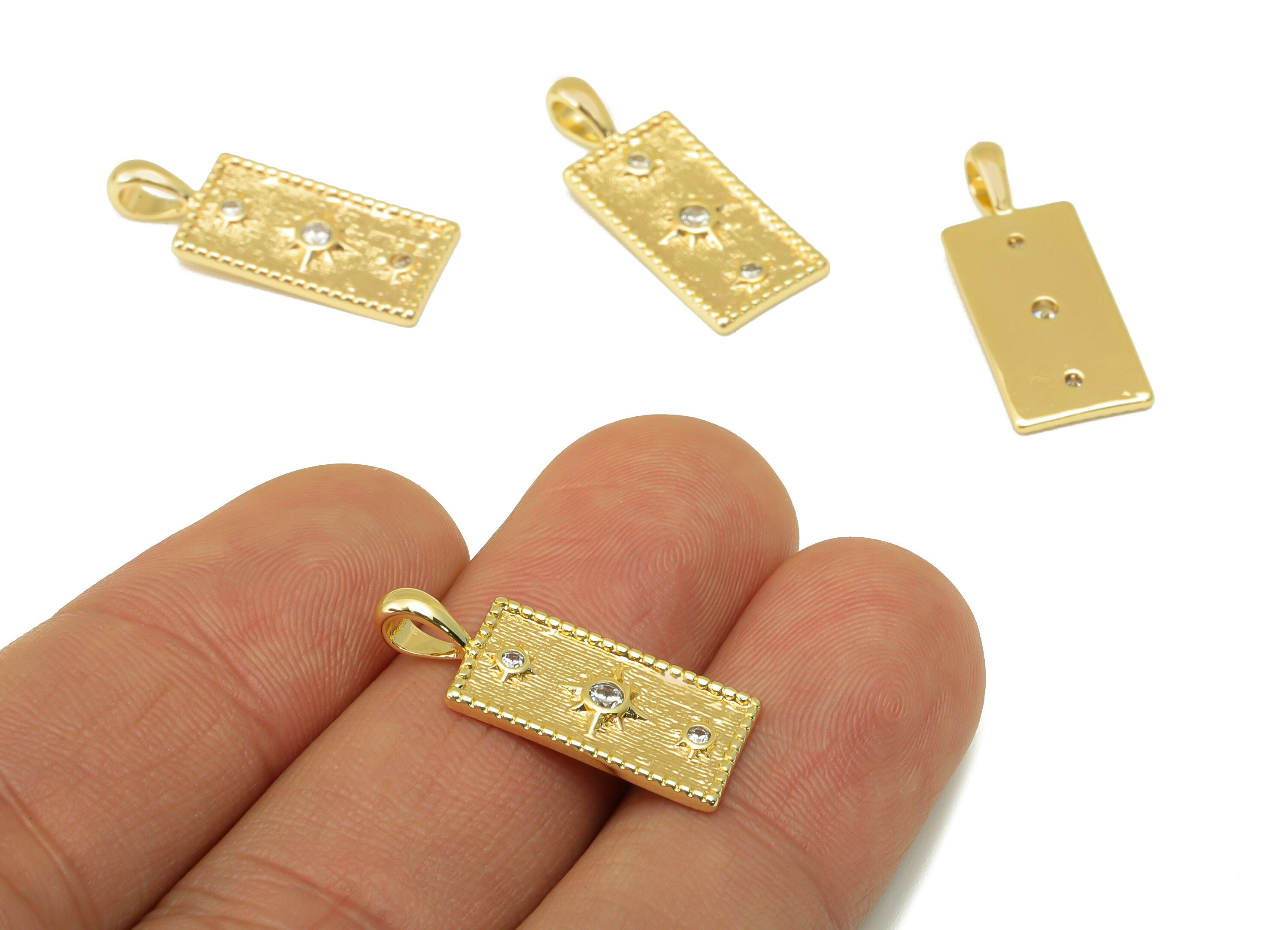 Brass Rectangle Earring Charm - Textured North Star Charm - Cubic Zirconia Charm - For Necklace - 18K Real Gold Plated- 24x9x1mm-RGP6293 - DOMEDBAZAAR