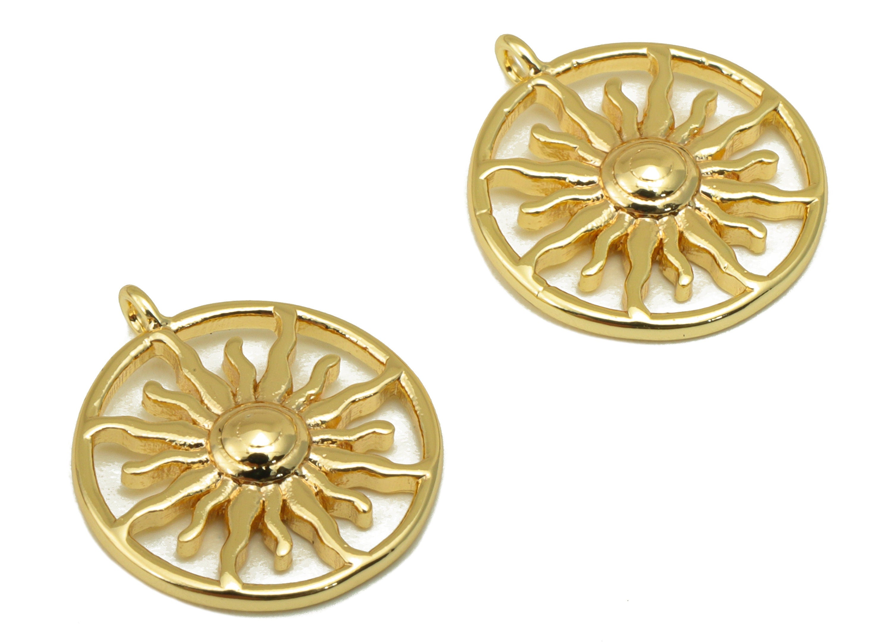 Brass Sun Earring Charms - Raw Brass Sunshine Pendant - Round Hollow Sun Charm - for Necklace - 18K Real Gold Plated- 15.6x13x1.27mm-RGP6296 - DOMEDBAZAAR