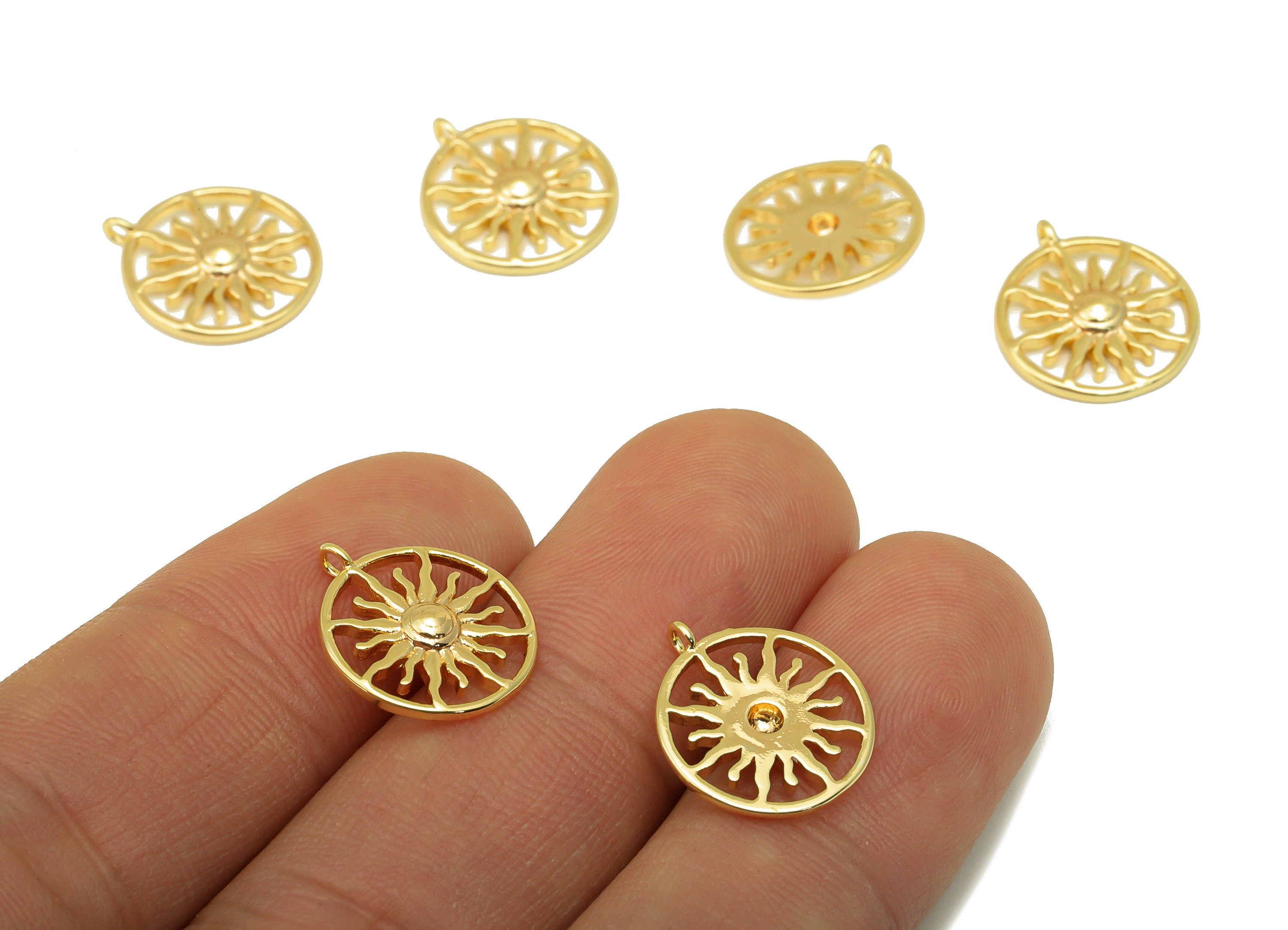 Brass Sun Earring Charms - Raw Brass Sunshine Pendant - Round Hollow Sun Charm - for Necklace - 18K Real Gold Plated- 15.6x13x1.27mm-RGP6296 - DOMEDBAZAAR