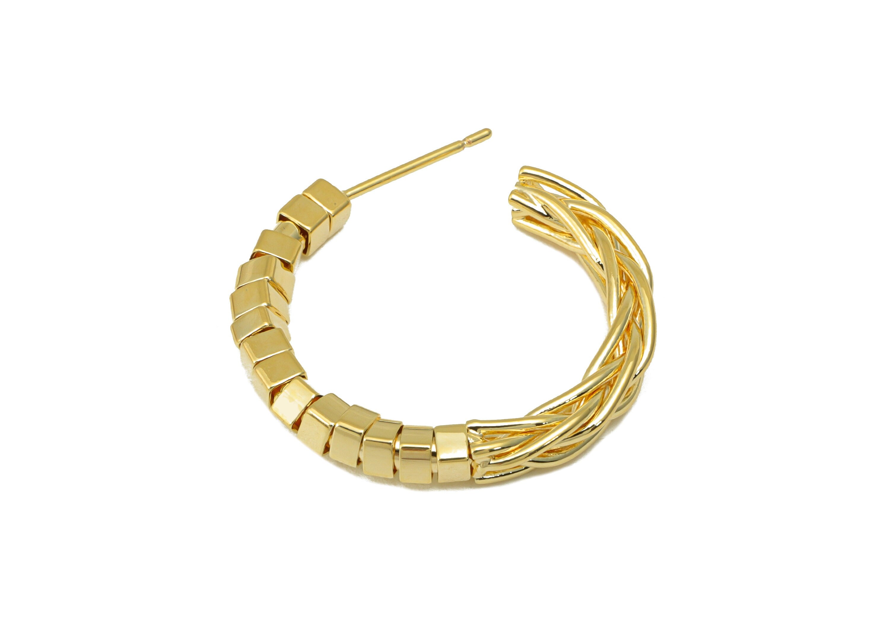 Brass Open Hoop C Earring Stud - Cube Weave Wire Earring Post - Beaded Hoop Earring Stud - 18K Real Gold Plated -28.3x27x 3.6mm- RGP6441 - DOMEDBAZAAR