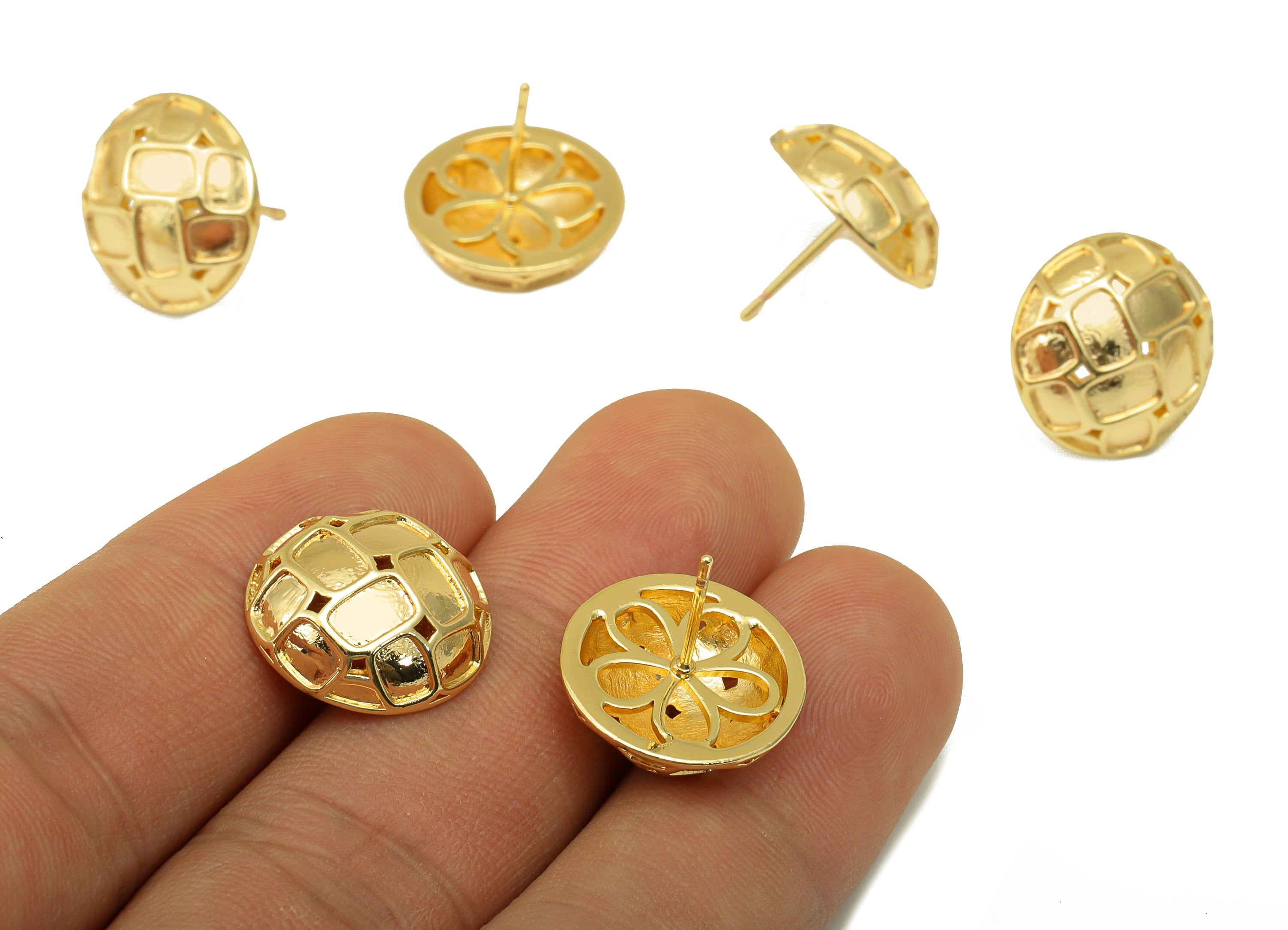 Brass Button Earring Stud - Hollow Flower Earring Post -Cubic Half Stud- Textured Earring Post - 18K Real Gold Plated -16x16x5mm- RGP6439 - DOMEDBAZAAR
