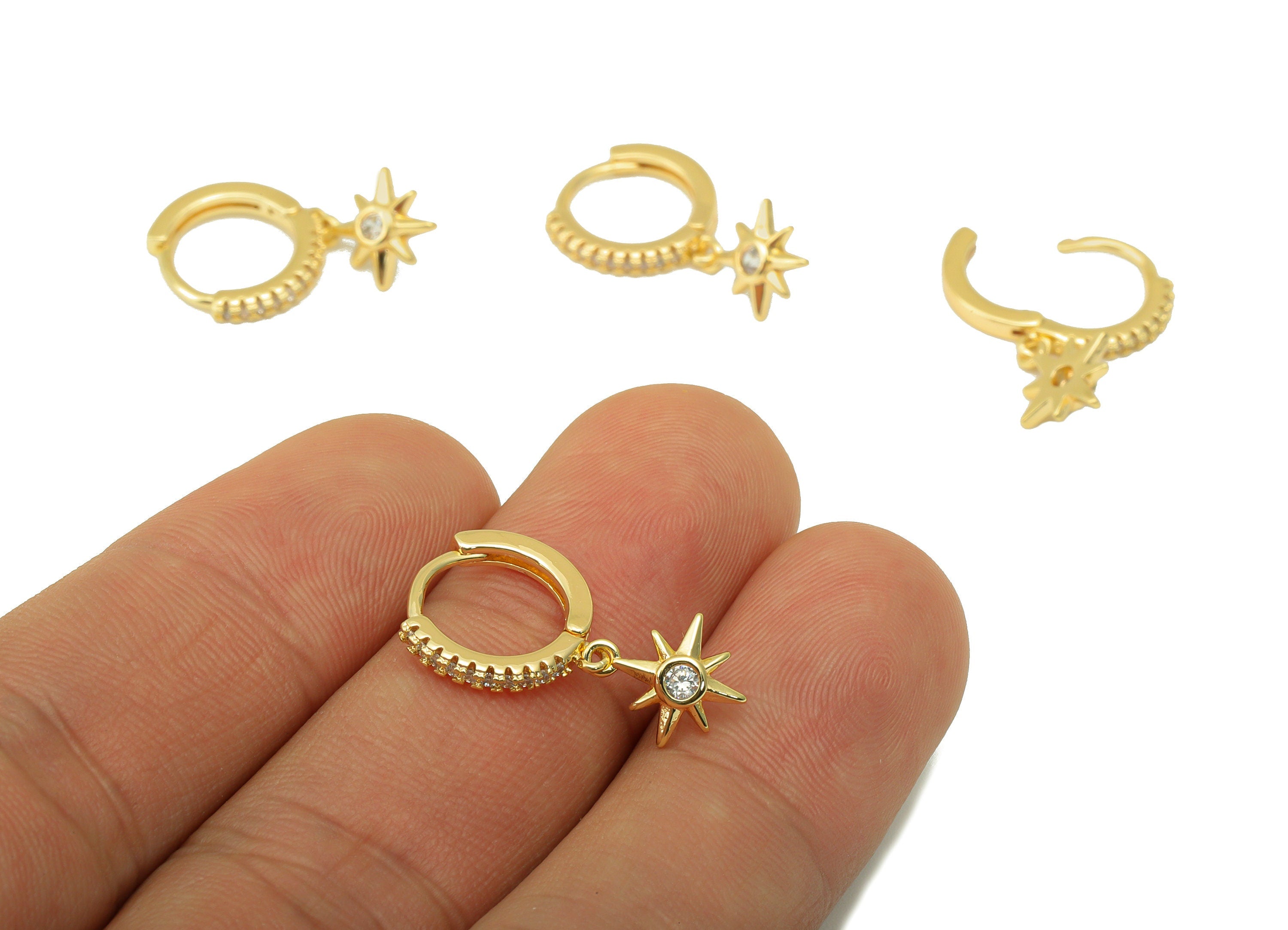 Brass North Star Earring Clasp - Brass Hoop Clasp -Star Huggie Hoop Clasp -Cubic Zirconia Clasp - 18K Real Gold Plated -23x13x1.8mm- RGP6472 - DOMEDBAZAAR