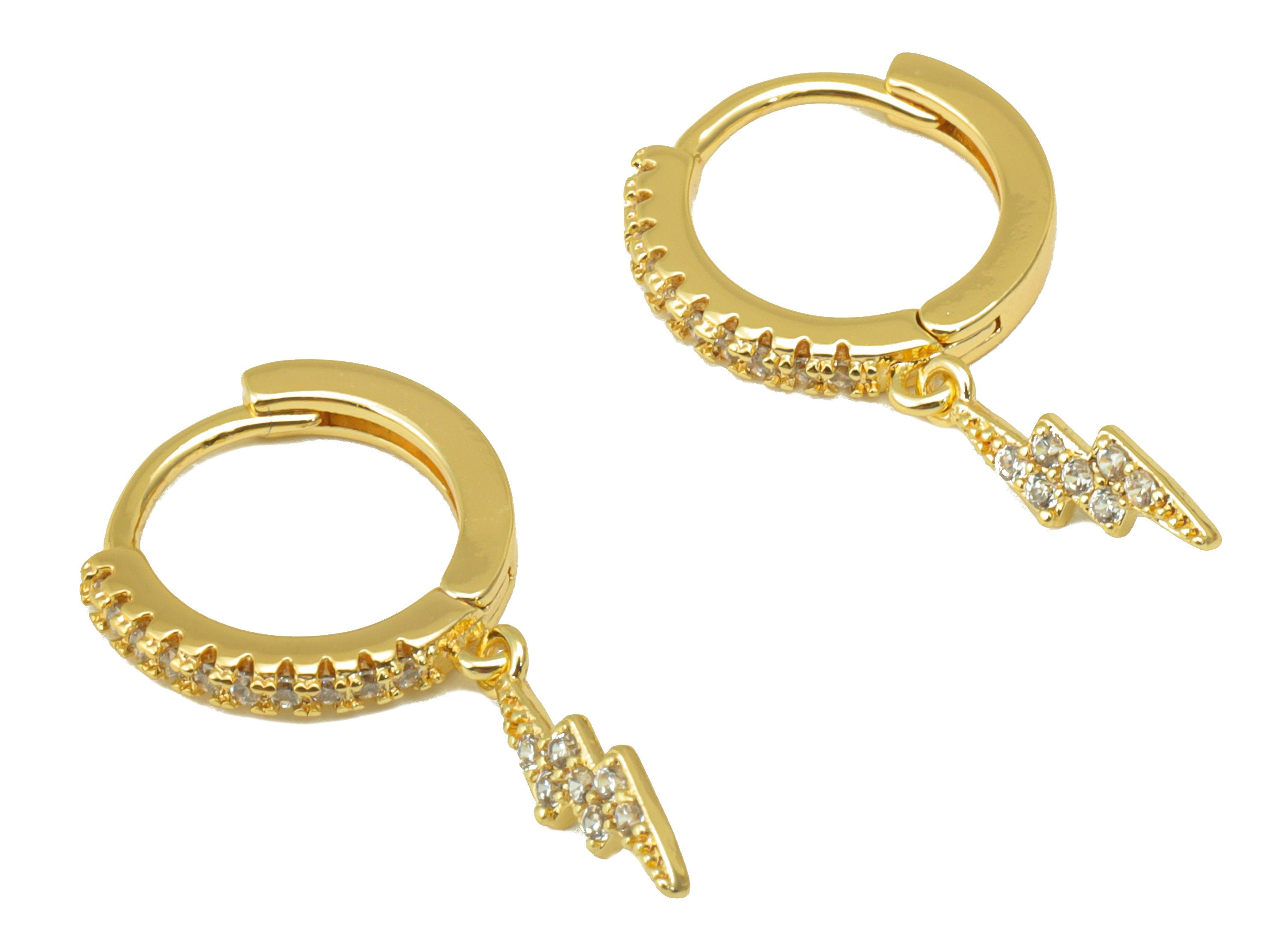 Brass Lighting Earring Clasp - Brass Hoop Clasp - Flash Huggie Hoop Clasp -Cubic Zirconia Clasp - 18K Real Gold Plated -24x13x2mm- RGP6424 - DOMEDBAZAAR