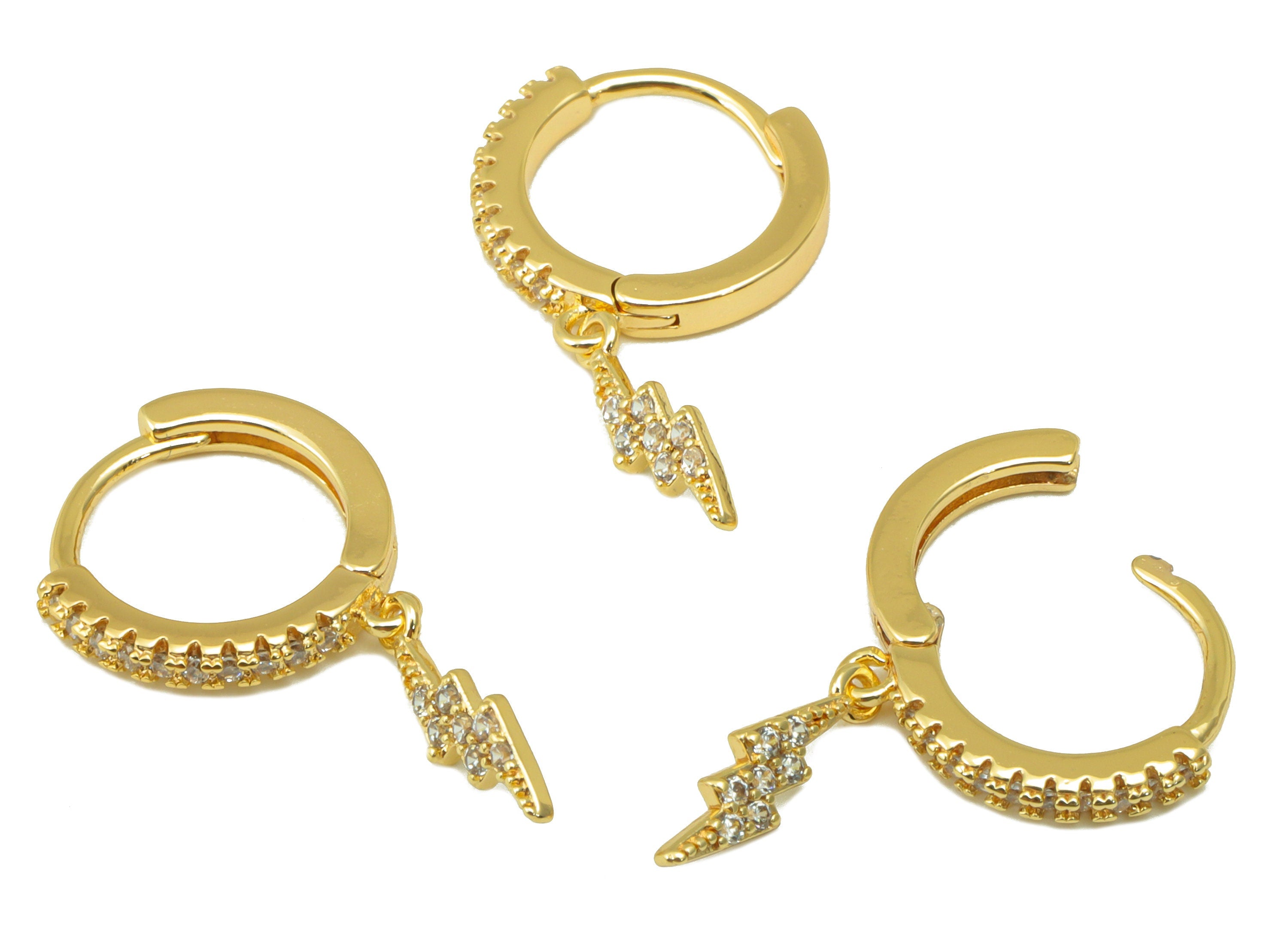 Brass Lighting Earring Clasp - Brass Hoop Clasp - Flash Huggie Hoop Clasp -Cubic Zirconia Clasp - 18K Real Gold Plated -24x13x2mm- RGP6424 - DOMEDBAZAAR