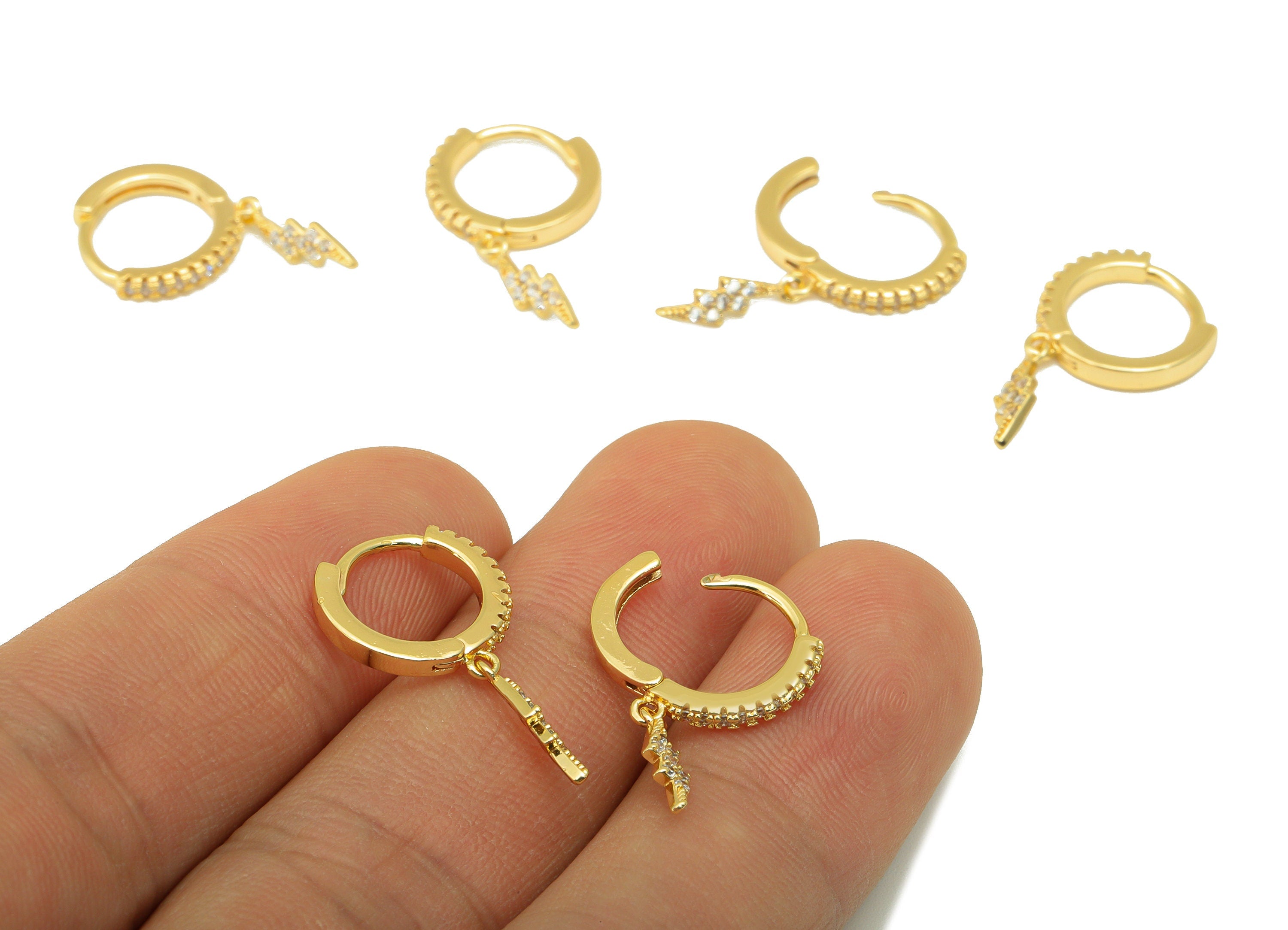 Brass Lighting Earring Clasp - Brass Hoop Clasp - Flash Huggie Hoop Clasp -Cubic Zirconia Clasp - 18K Real Gold Plated -24x13x2mm- RGP6424 - DOMEDBAZAAR