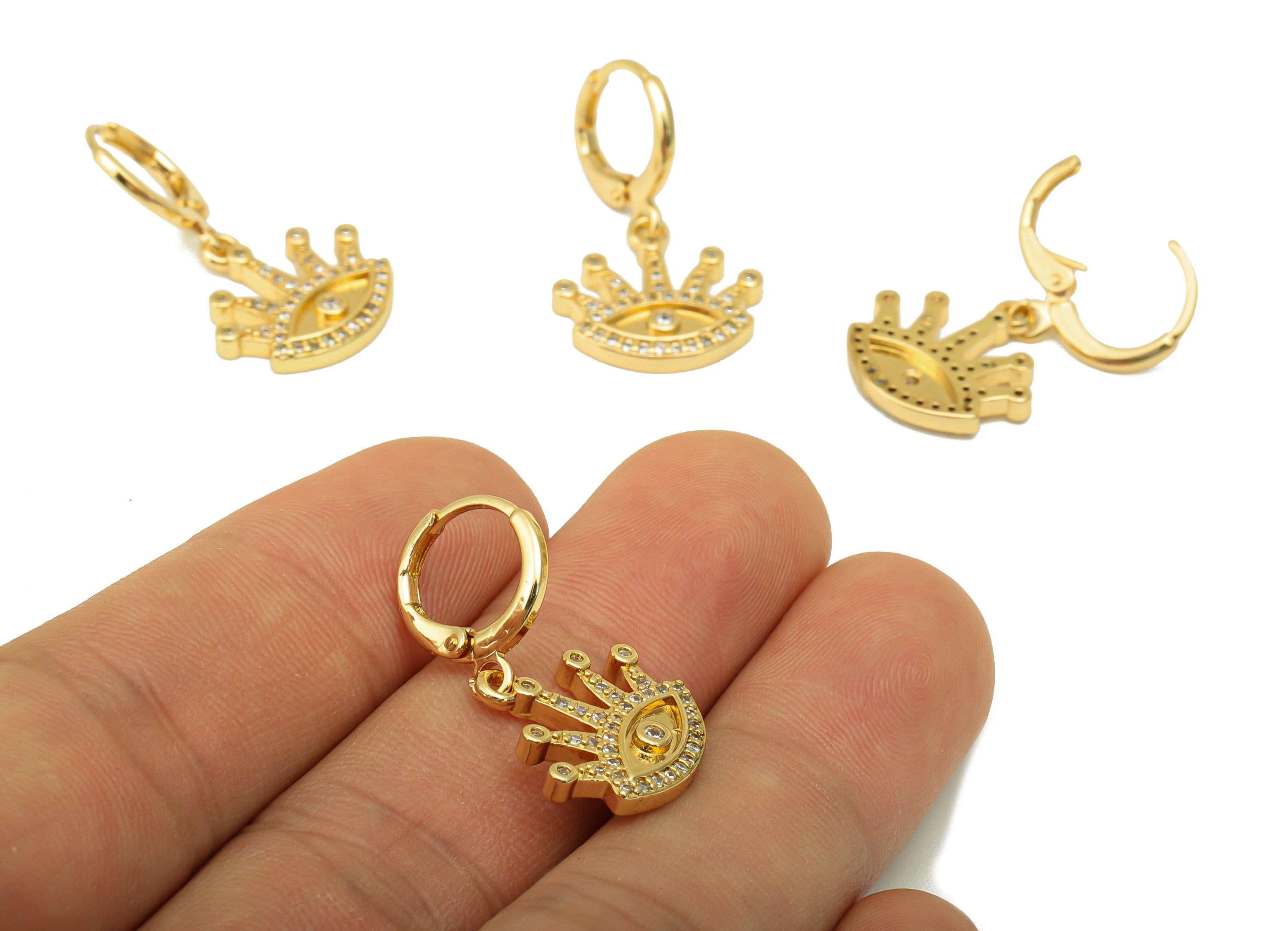 Brass Eye Earring Clasp - Brass Hoop Clasp - Eyelash Huggie Hoop Clasp - Lever back CZ Clasp - 18K Real Gold Plated -29x16x2.32mm- RGP6671 - DOMEDBAZAAR