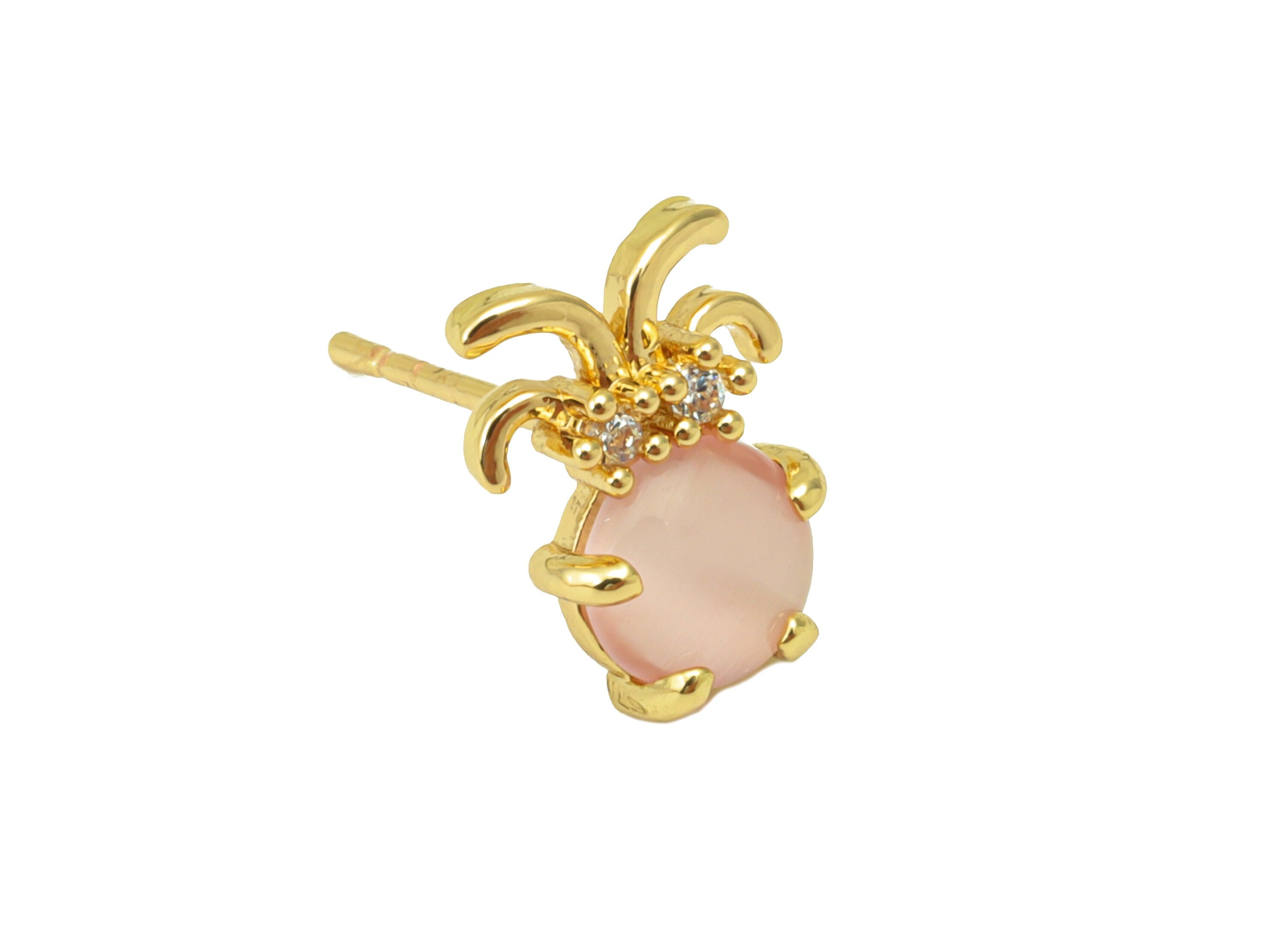 Brass Pink Jade Earring Stud - Insect Earring Post - Brass Fruit Earring Post - Cubic Zirconia - 18K Real Gold Plated -11x8x3.58mm- RGP6682 - DOMEDBAZAAR