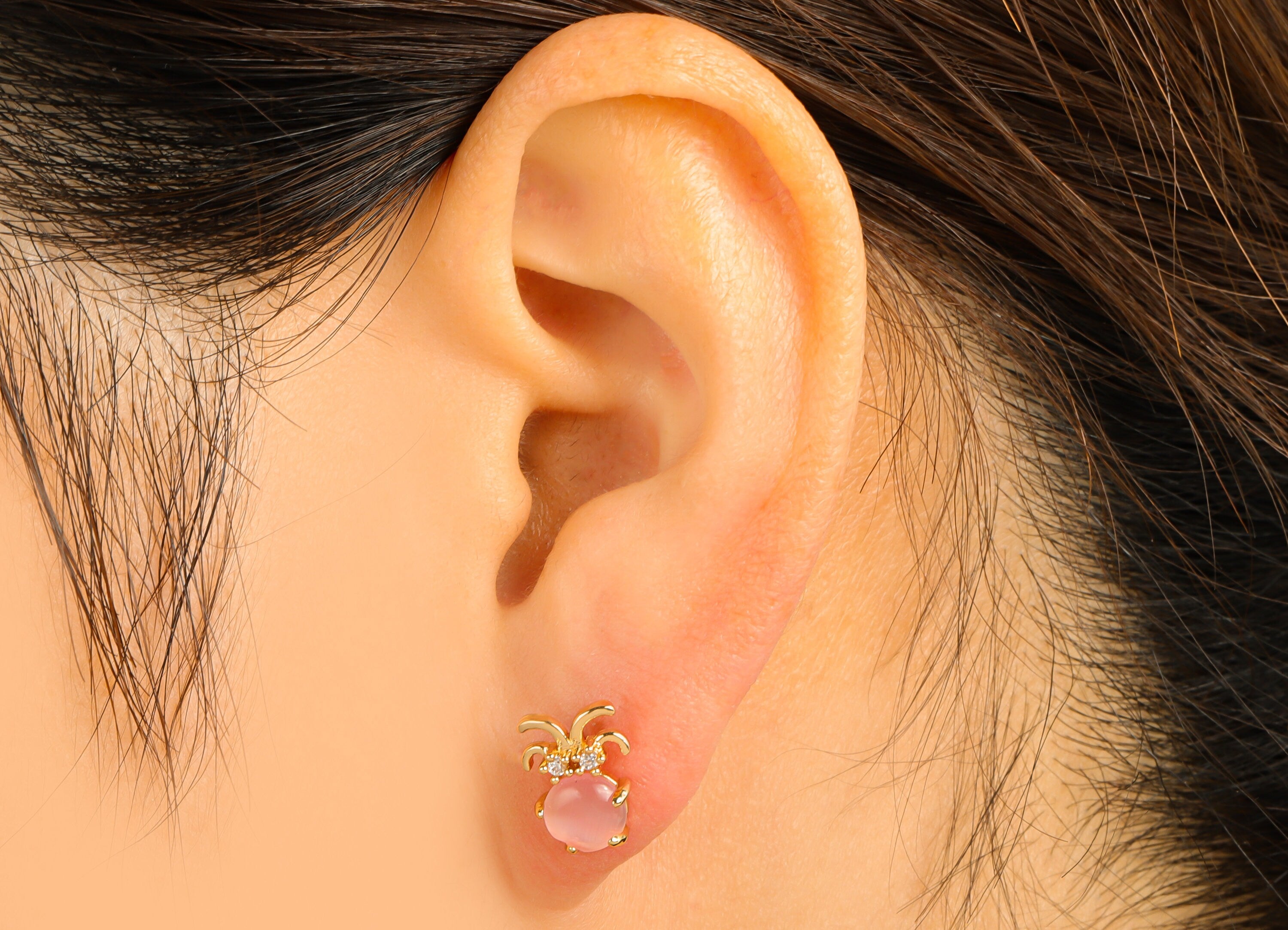 Brass Pink Jade Earring Stud - Insect Earring Post - Brass Fruit Earring Post - Cubic Zirconia - 18K Real Gold Plated -11x8x3.58mm- RGP6682 - DOMEDBAZAAR