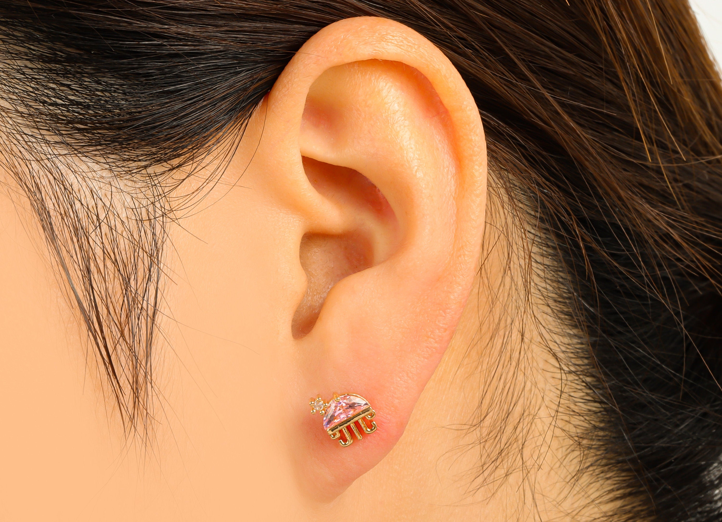 Brass Jellyfish Earring Stud - Pink Jellyfish Earring Post - Marine Earring Post - Cubic Zirconia - 18K Real Gold Plated -9x7x2mm- RGP6684 - DOMEDBAZAAR