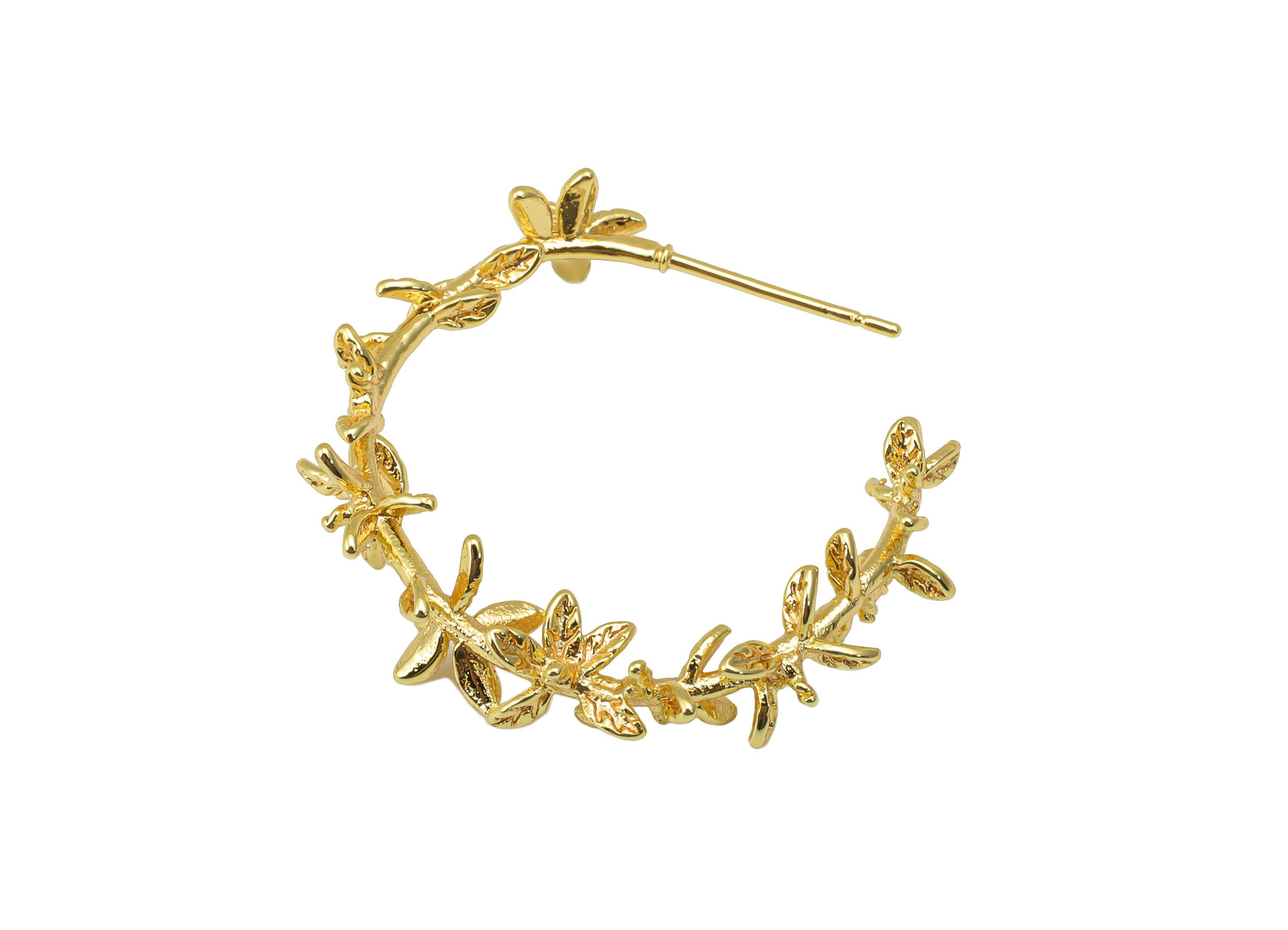 Brass Open Hoop Earring Stud - Flower Earring Post - Brass Leaf Post - Branch Hoop Earring - 18K Real Gold Plated - 31.28x28x5.78mm- RGP6373 - DOMEDBAZAAR