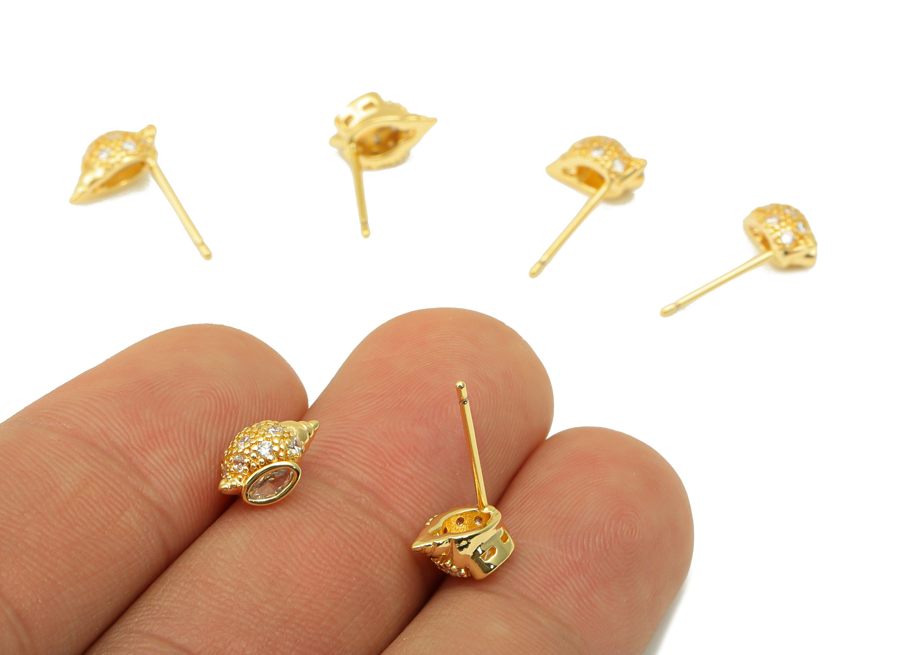 Brass Conch Earrings Stud - Seashell Earring Post -Whelk Seashell Stud Earring - Cubic Zirconia - 18K Real Gold Plated -29x25x2mm- RGP6312 - DOMEDBAZAAR