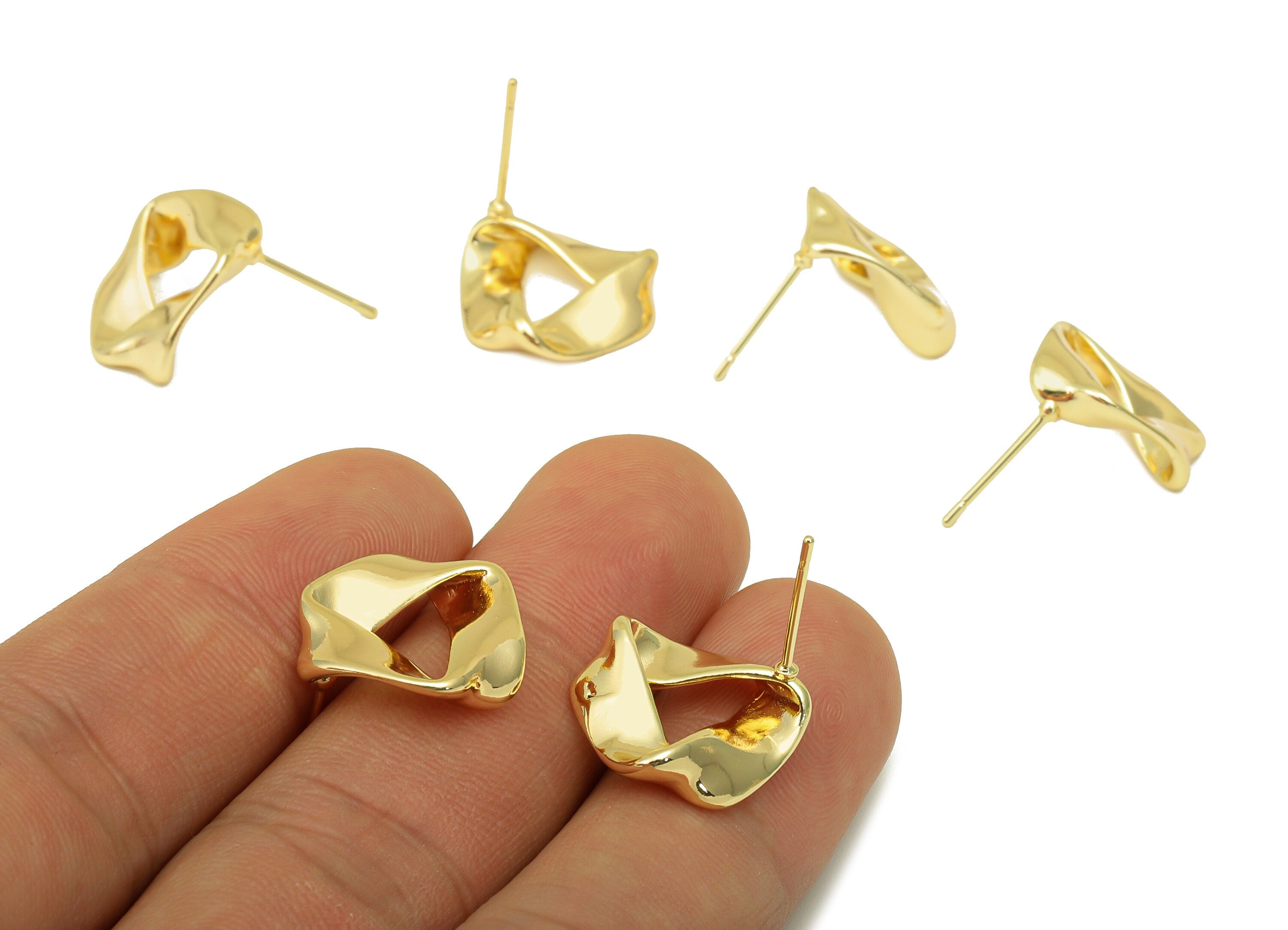 Brass Wavy Earrings Studs - Brass Twisted Earring Post - Fold Bent Earring Post - 18K Real Gold Plated -15.67x17x 1.31mm- RGP6308 - DOMEDBAZAAR