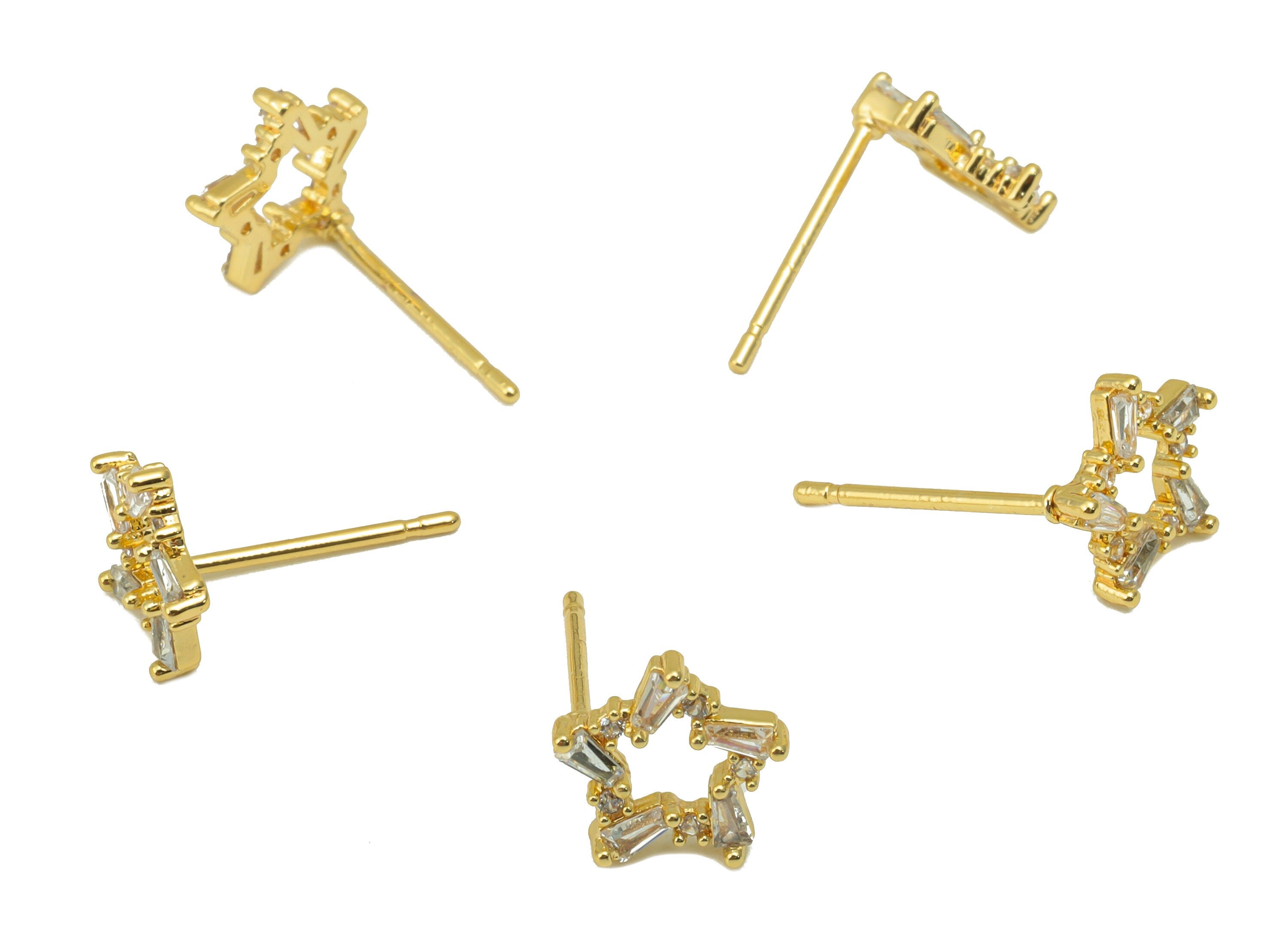 Brass Star Earrings Studs - Brass Cubic Zircon Heart Earring Post - CZ Earring Post - 18K Real Gold Plated -8.55x 8.55x 1.47mm- RGP6390 - DOMEDBAZAAR