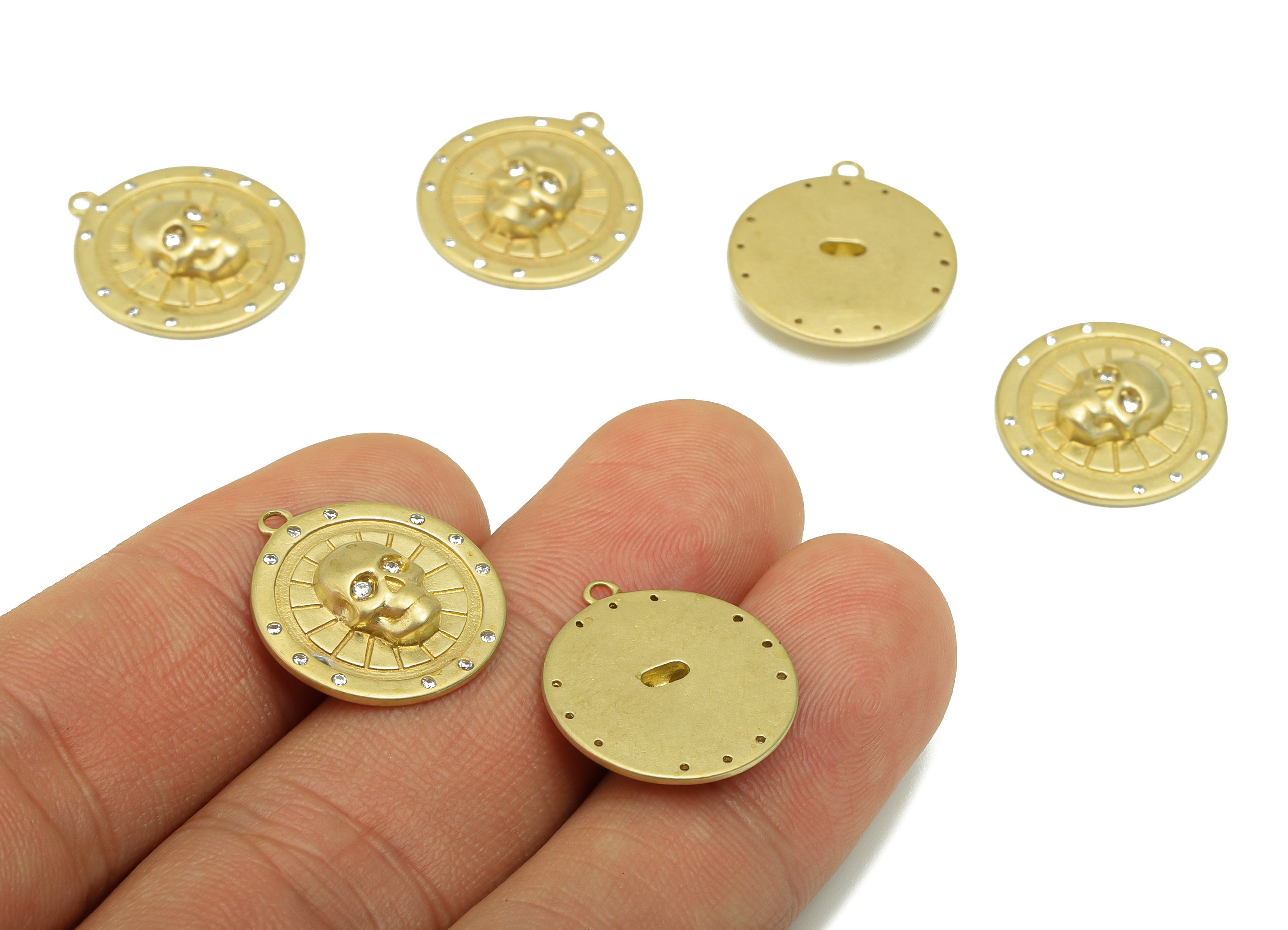 Brass Round Skull Earring-Raw Brass Round Textured Charm - Cubic Zircon - Earring Charm -Jewelry supplies -19 x 17x 3.64mm-PP8500 - DOMEDBAZAAR