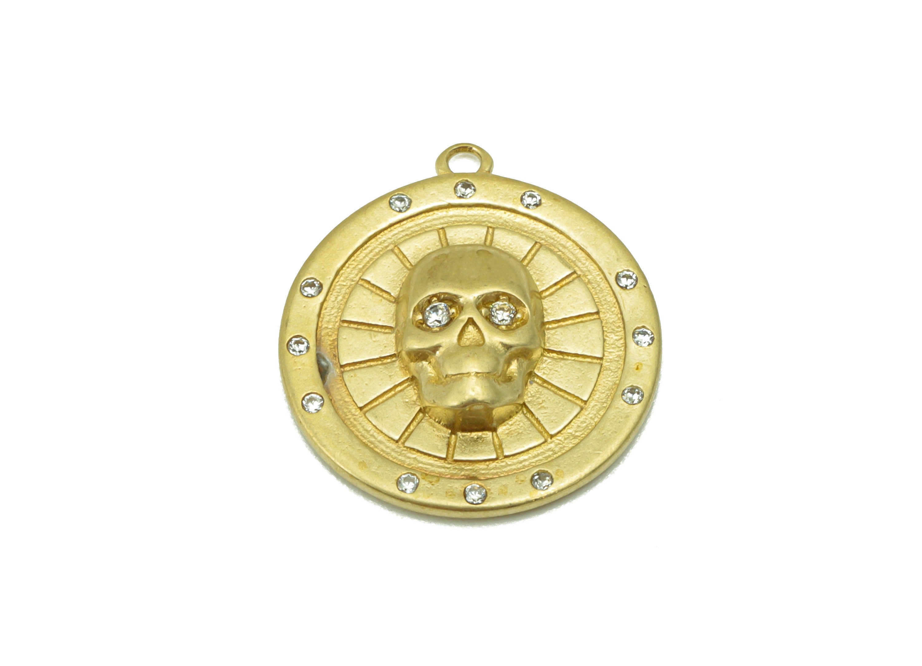 Brass Round Skull Earring-Raw Brass Round Textured Charm - Cubic Zircon - Earring Charm -Jewelry supplies -19 x 17x 3.64mm-PP8500 - DOMEDBAZAAR