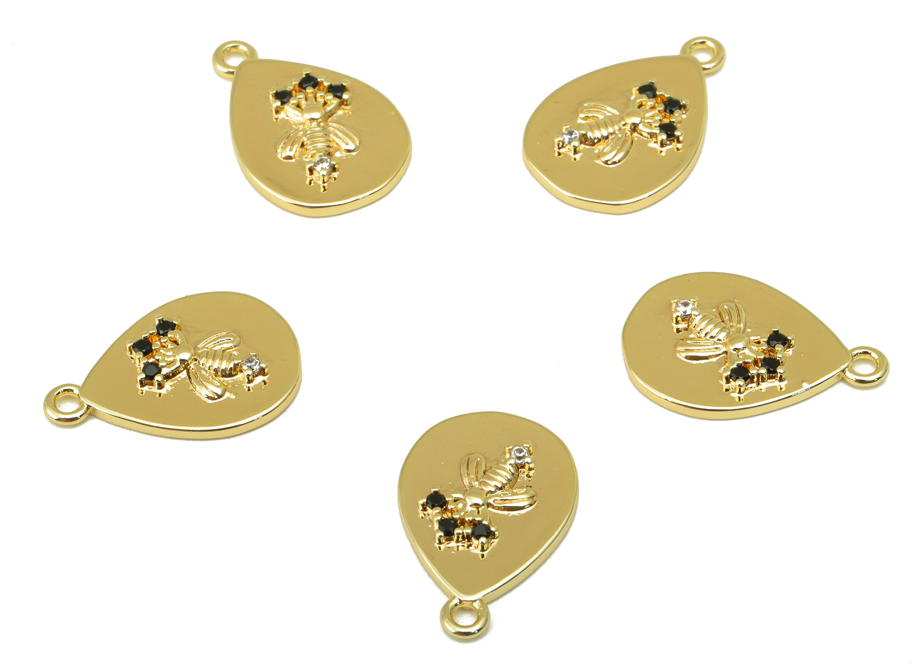 Brass Bee Earring Charm - Brass Teardrop CZ Charms- Cubic Zirconia Drop Pendant - for Necklace - 18K Real Gold Plated - 16x11x2mm-RGP6309 - DOMEDBAZAAR