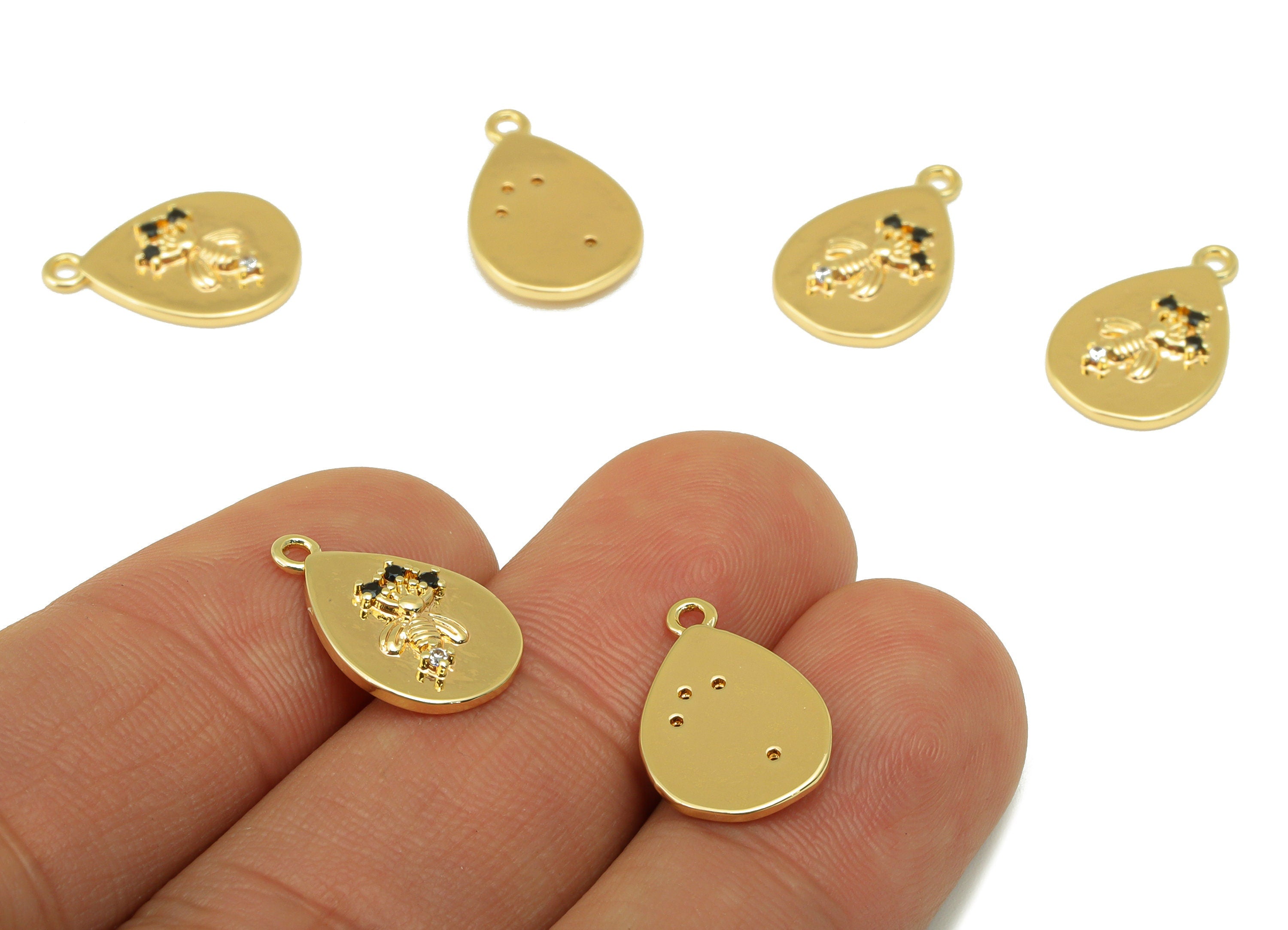 Brass Bee Earring Charm - Brass Teardrop CZ Charms- Cubic Zirconia Drop Pendant - for Necklace - 18K Real Gold Plated - 16x11x2mm-RGP6309 - DOMEDBAZAAR