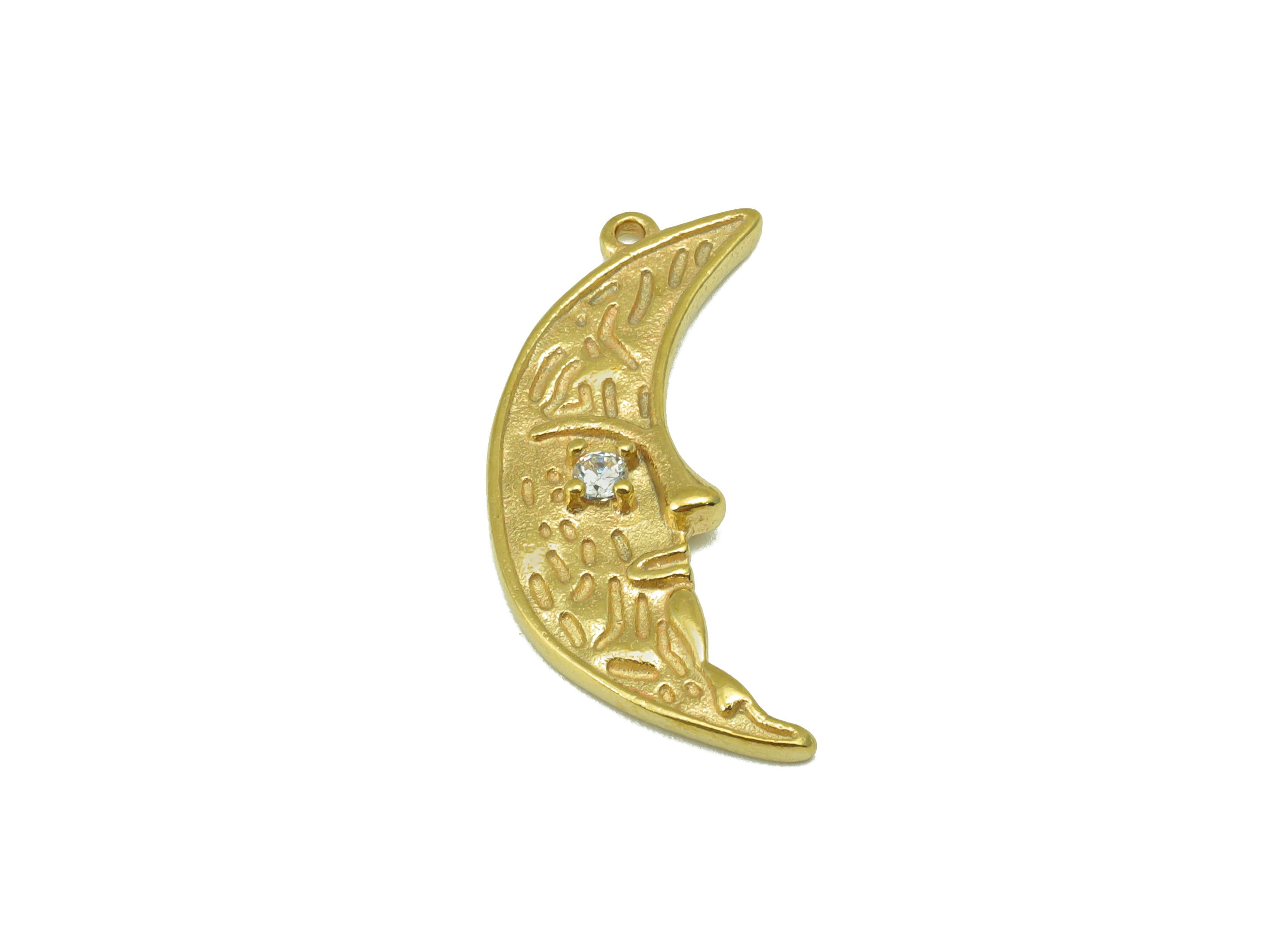 Brass Moon Face Earring - Raw Brass Texture Charm-Cubic zircon - Crescent Pendant - Earring Charm -Jewelry Supplies -26x12x 2.76mm-PP8502 - DOMEDBAZAAR