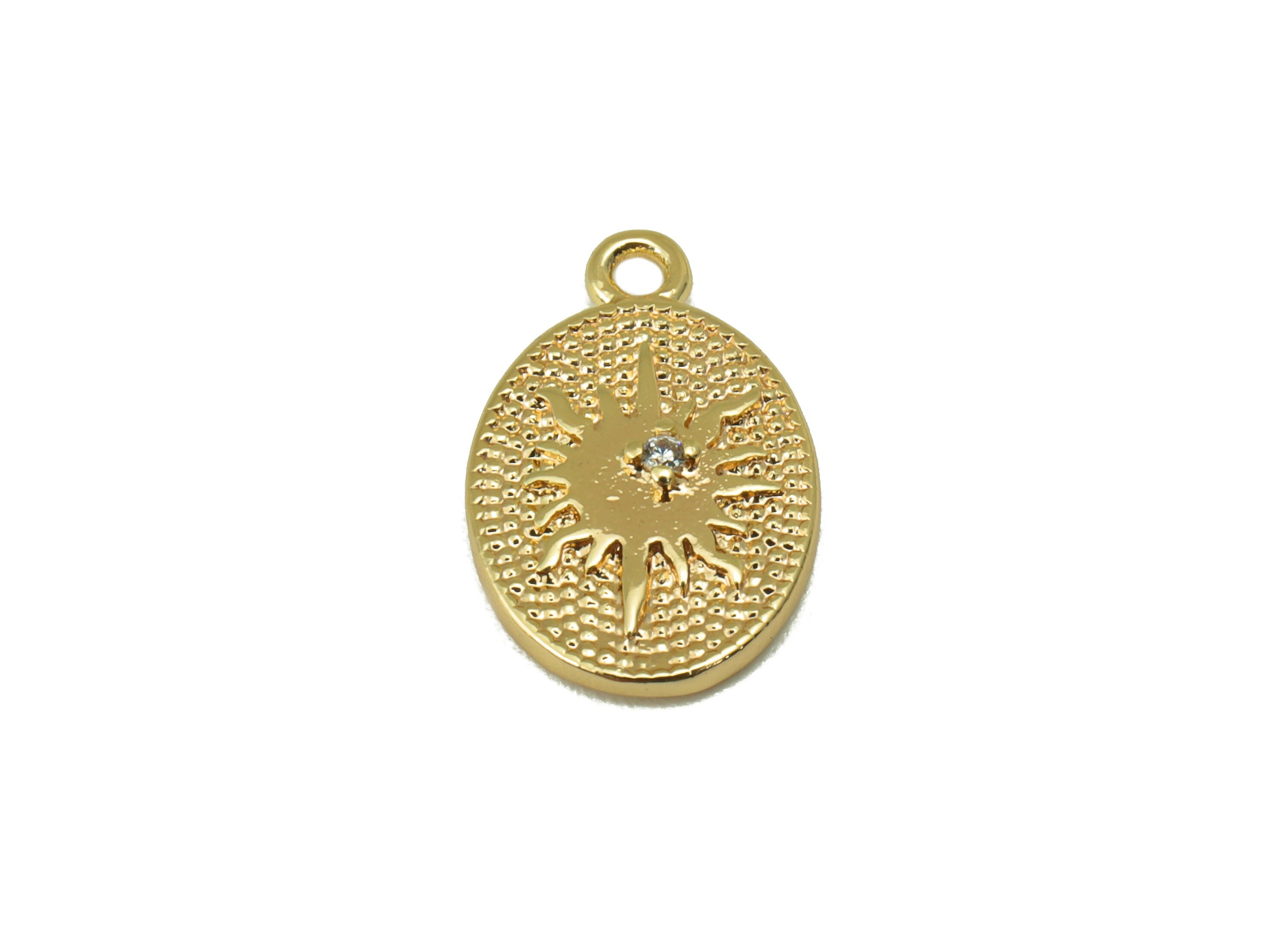 Brass Ellipse Charm - North Star CZ Earring - Cubic Zirconia Hammered Star Gold Charm - For Necklace -18K Real Gold Plated-14x10x2mm-RGP6320 - DOMEDBAZAAR