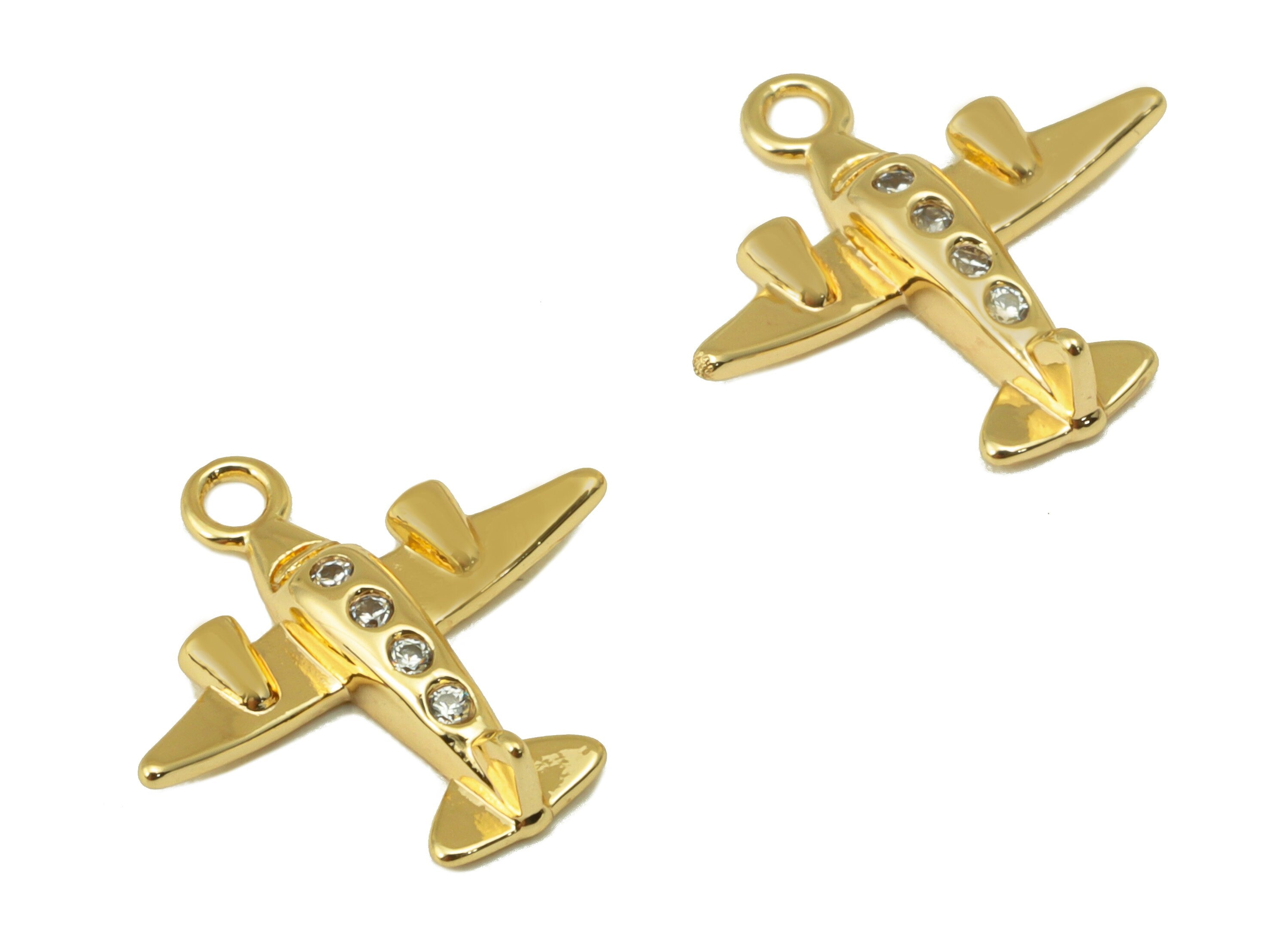 Brass Aircraft Charm - Brass Aircraft CZ Earring Charm - Cubic Zirconia Plane Charm - For Necklace - 18K Real Gold Plated -13x14x2mm-RGP6323 - DOMEDBAZAAR