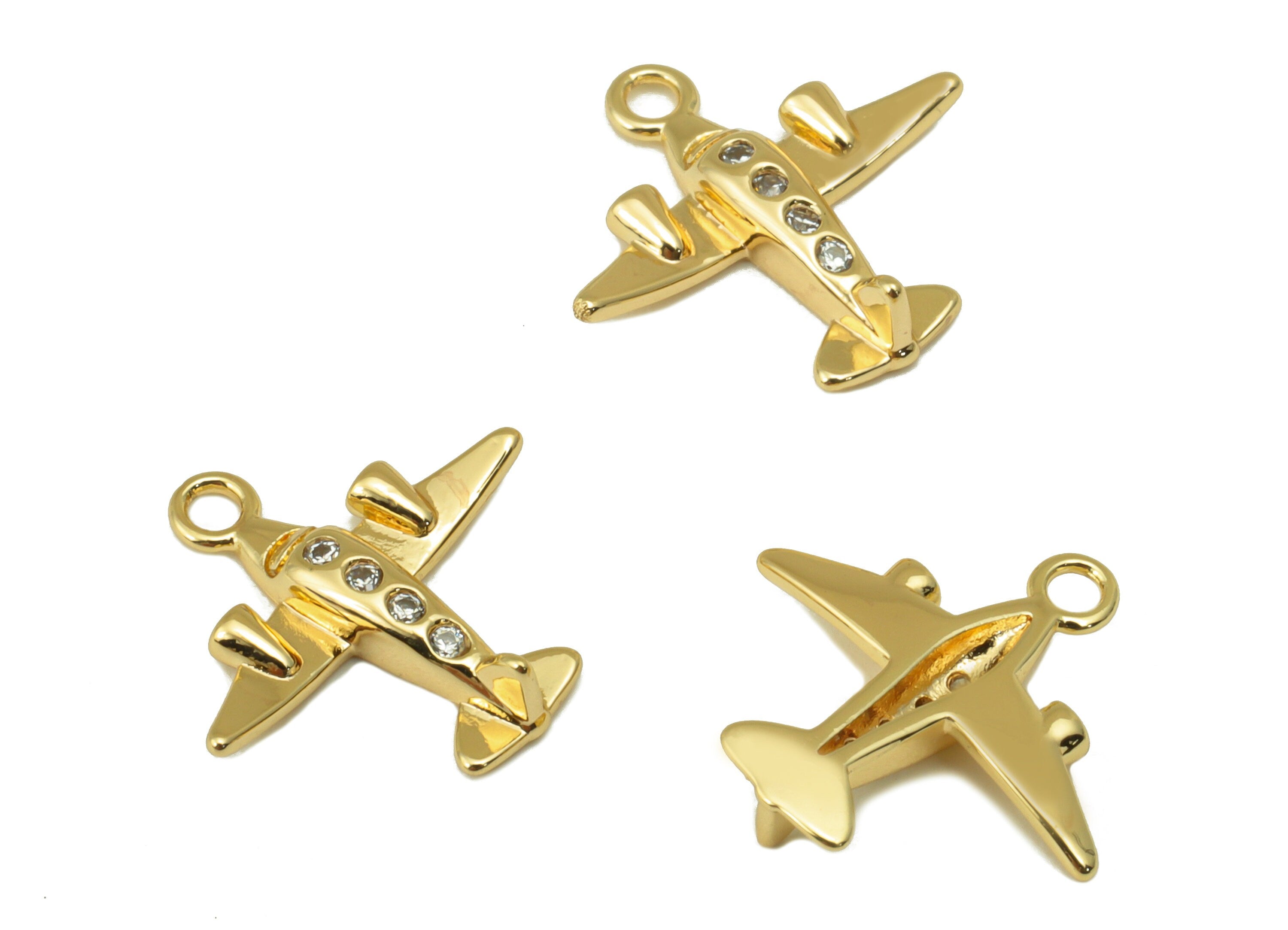 Brass Aircraft Charm - Brass Aircraft CZ Earring Charm - Cubic Zirconia Plane Charm - For Necklace - 18K Real Gold Plated -13x14x2mm-RGP6323 - DOMEDBAZAAR