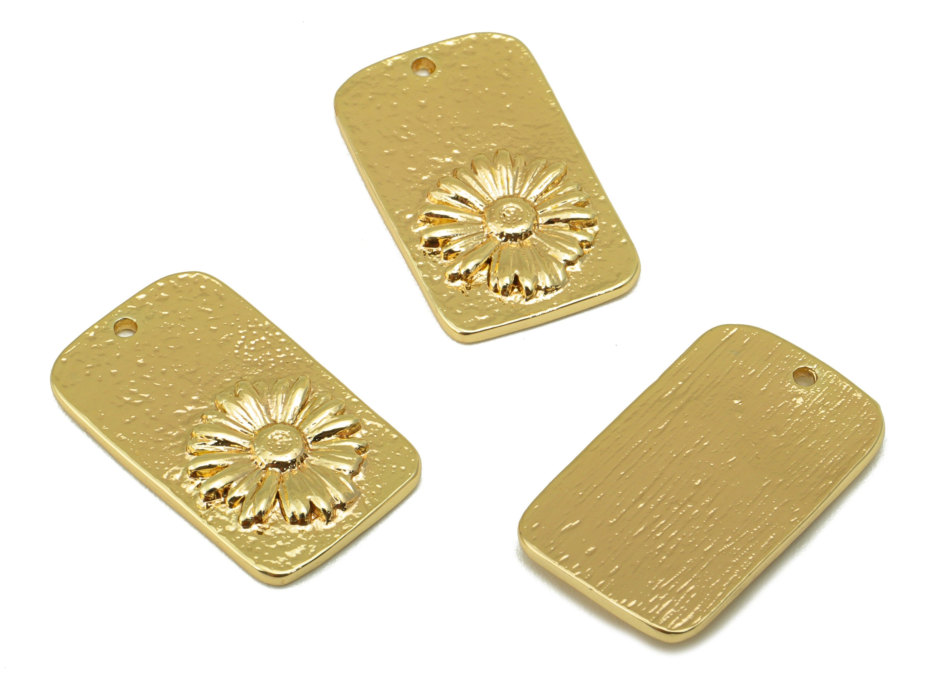 Brass Hammered Charm - Brass Daisy Earring Charm - Flower Oval Rectangle Textured Pendant - 18K Real Gold Plated - 19.48x12x1.06mm- RGP6343 - DOMEDBAZAAR