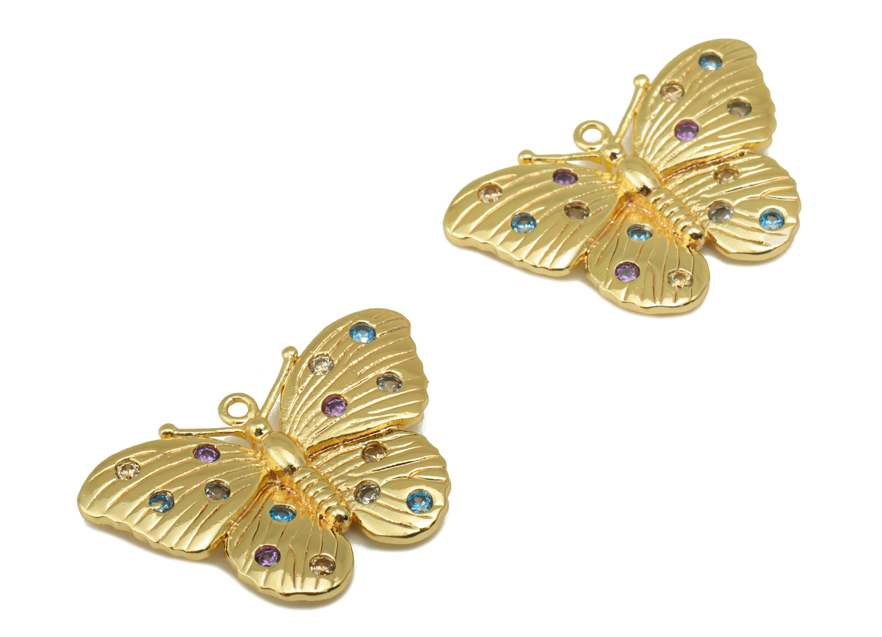 Brass Butterfly Charm - Brass Cubic Zirconia Charm - Rainbow CZ Butterfly Pendant - For Necklace - 18K Real Gold Plated - 22x15x2mm- RGP6348 - DOMEDBAZAAR