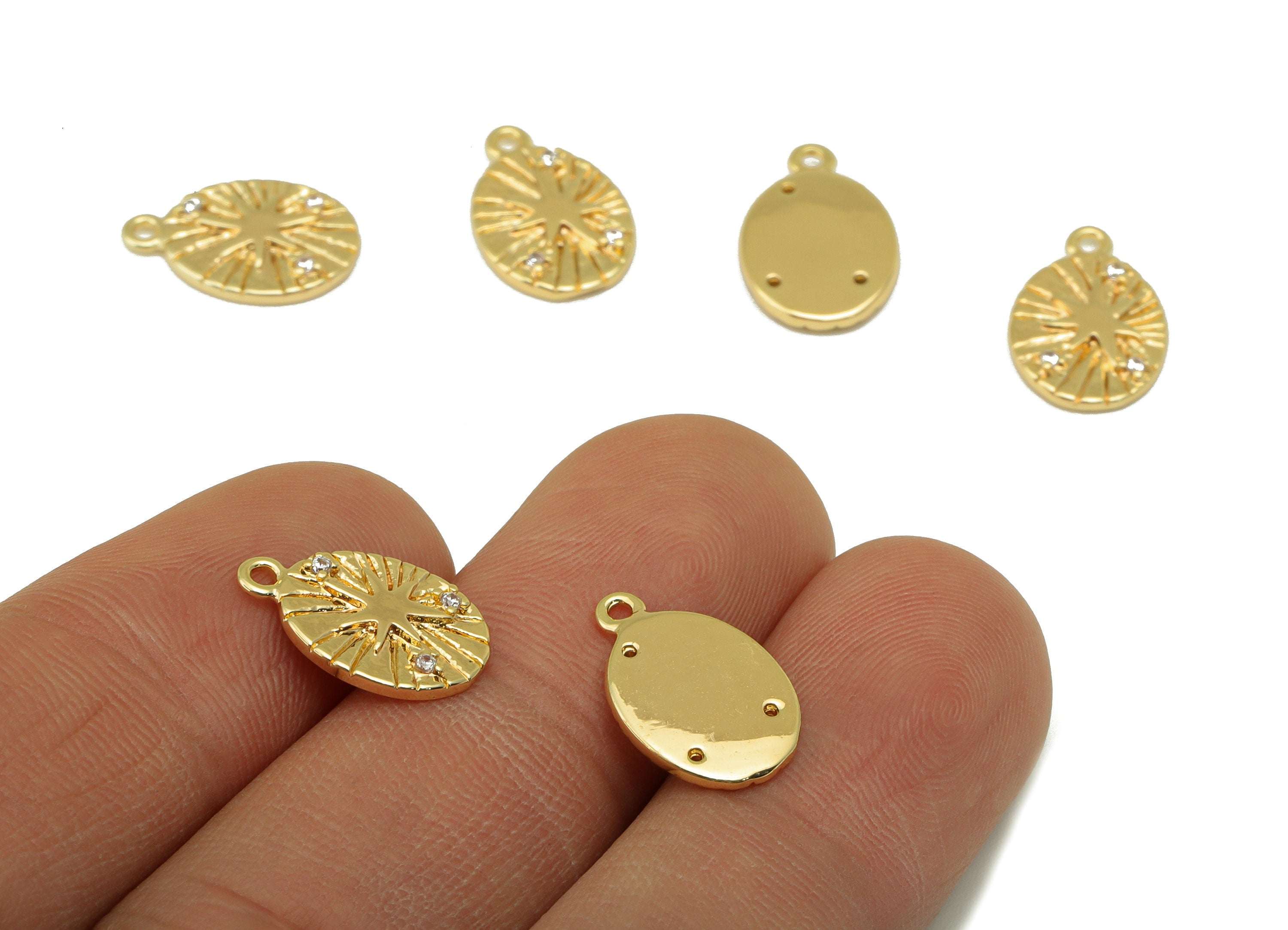 Brass Ellipse Charm - Brass Cubic Zirconia Charm - Textured North Star Earring - For Necklace - 18K Real Gold Plated - 14.4x9x2mm- RGP6349 - DOMEDBAZAAR