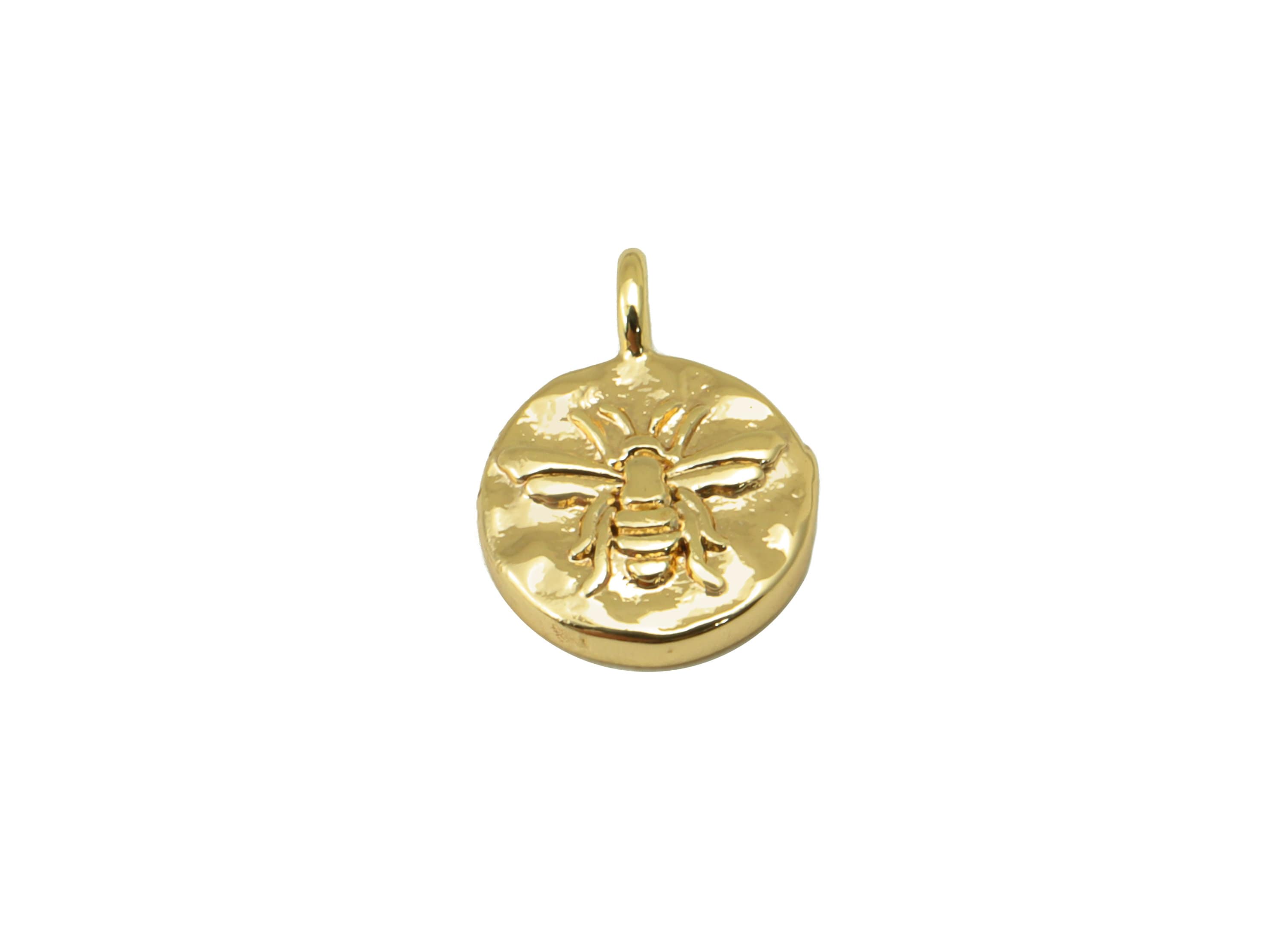 Brass Bee Charm - Brass Round Bee Earring Charm - Hammered Mini Animal Earring - For Necklace - 18K Real Gold Plated - 14.4x9x2mm- RGP6351 - DOMEDBAZAAR