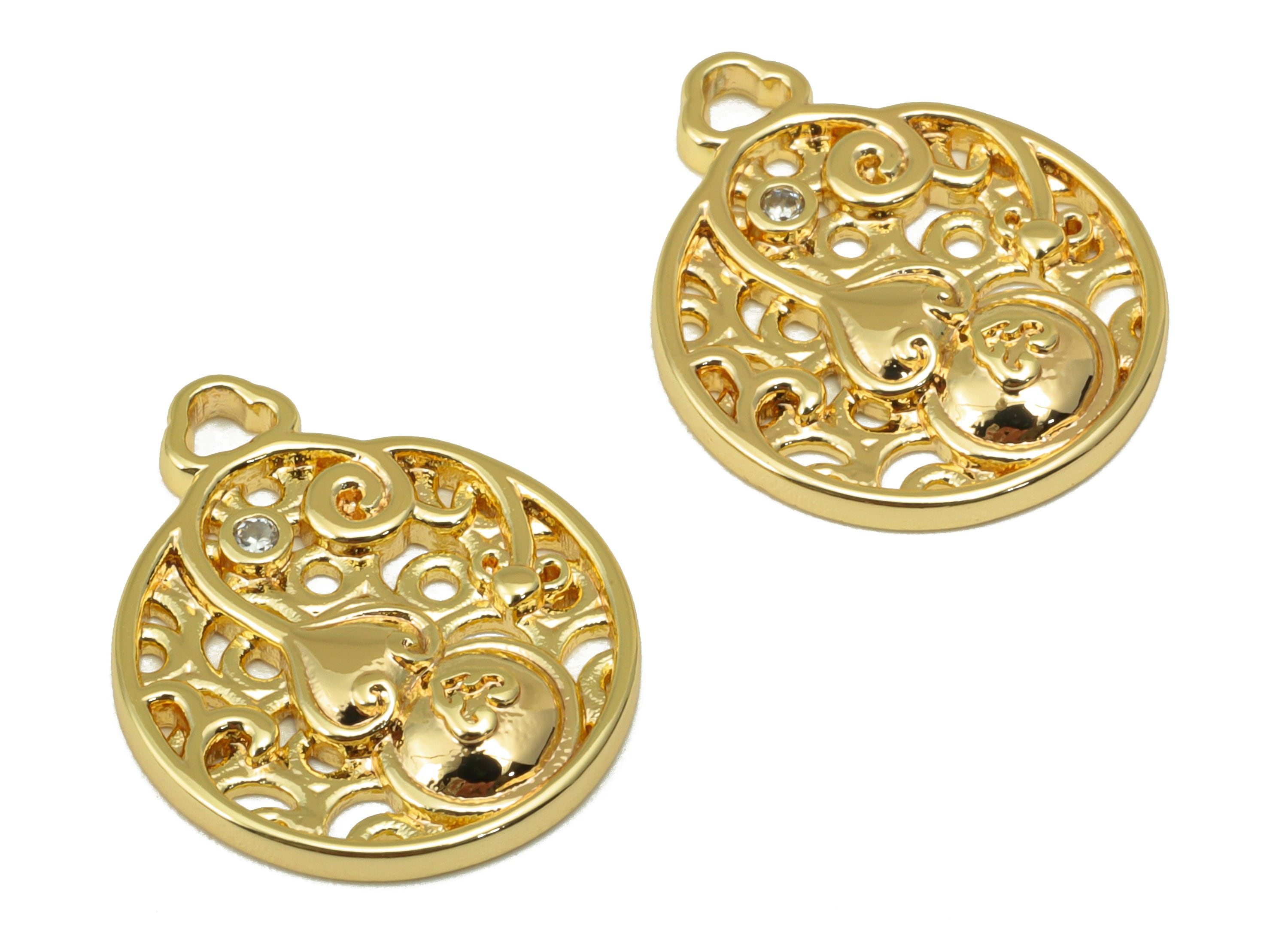 Brass Gourd Charm - Brass Cubic Zirconia Earring Charm - Hollow Botanical Earring - For Necklace - 18K Real Gold Plated-18x15x1.5mm- RGP6361 - DOMEDBAZAAR