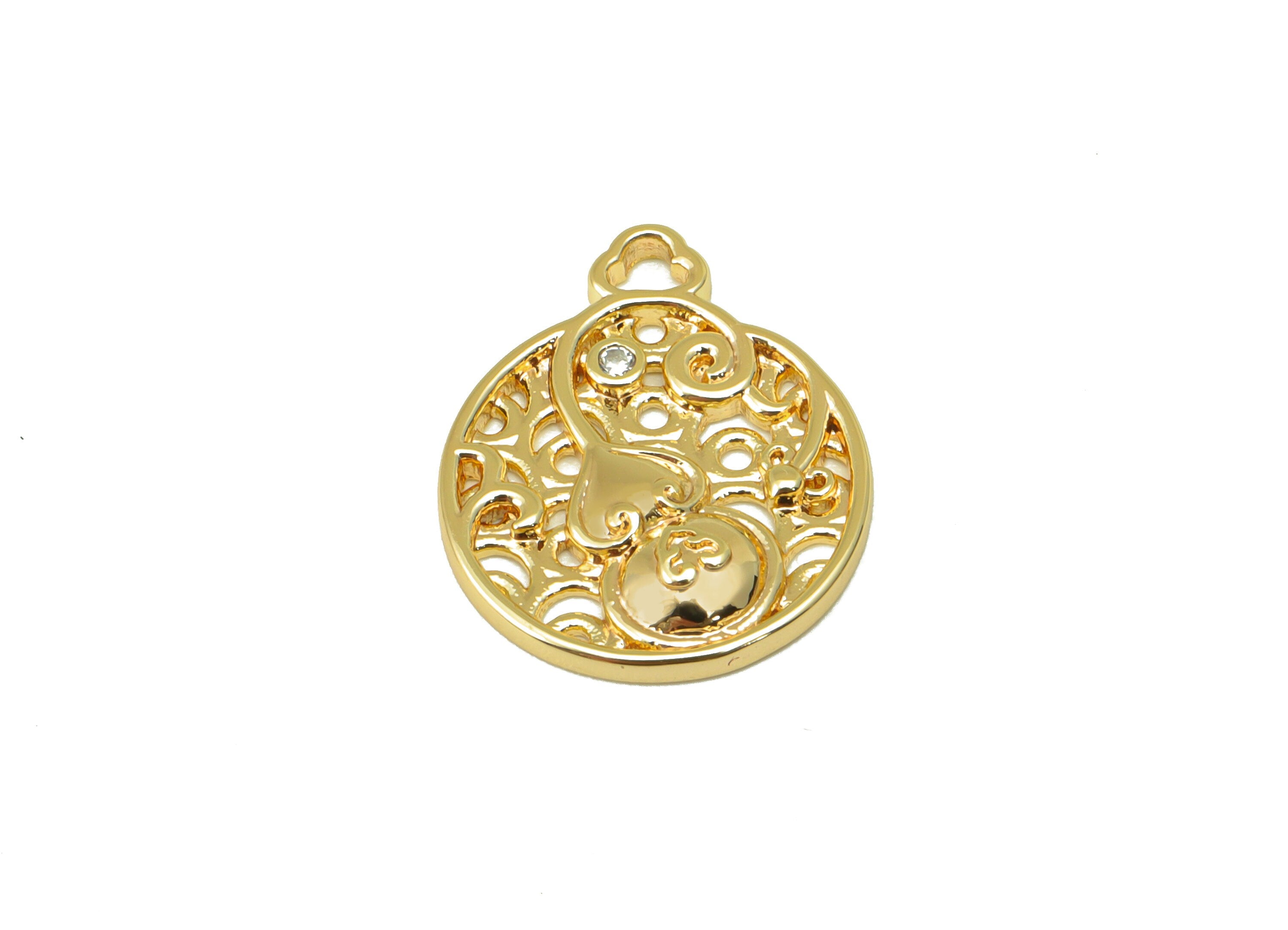 Brass Gourd Charm - Brass Cubic Zirconia Earring Charm - Hollow Botanical Earring - For Necklace - 18K Real Gold Plated-18x15x1.5mm- RGP6361 - DOMEDBAZAAR
