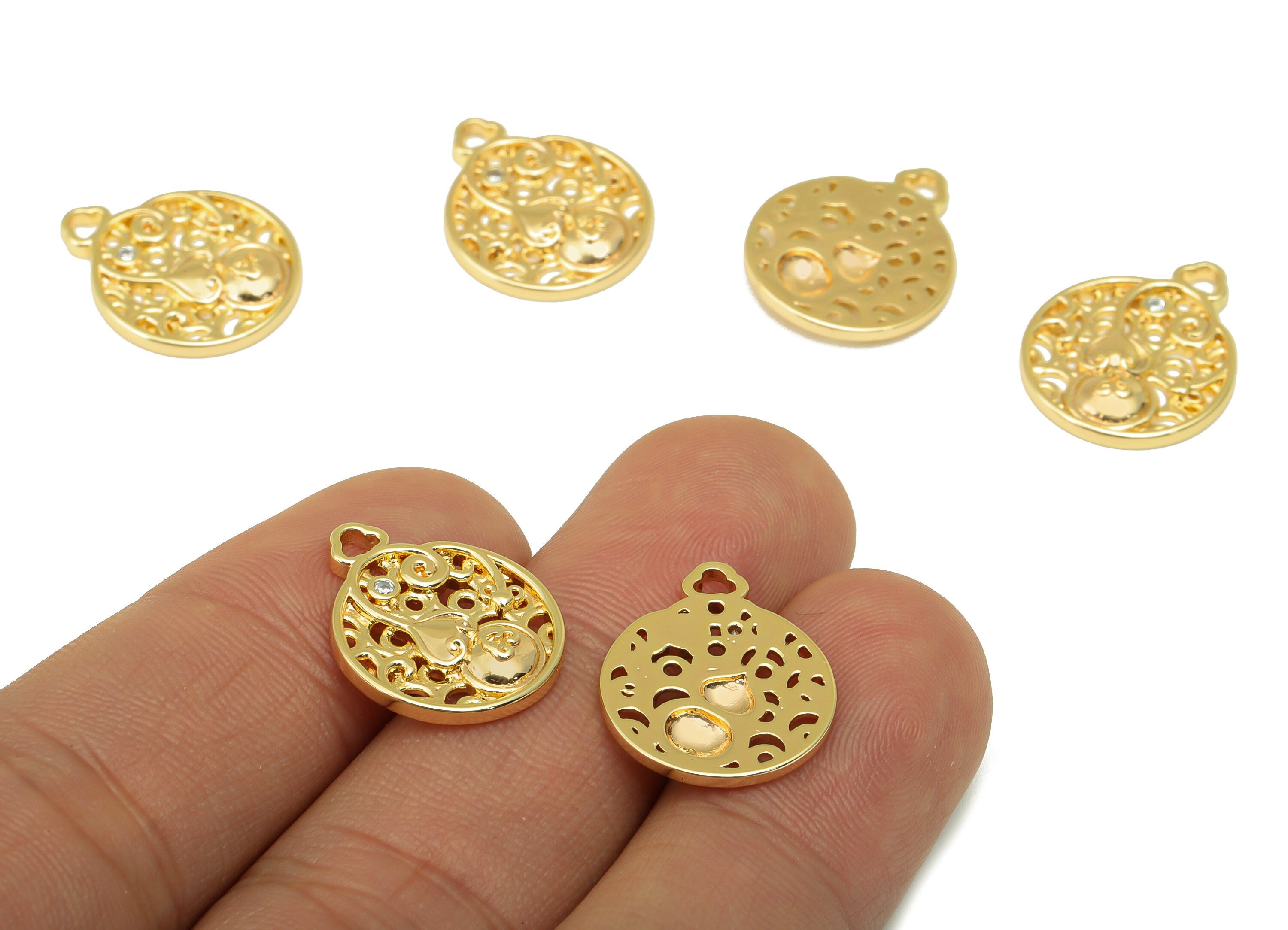 Brass Gourd Charm - Brass Cubic Zirconia Earring Charm - Hollow Botanical Earring - For Necklace - 18K Real Gold Plated-18x15x1.5mm- RGP6361 - DOMEDBAZAAR
