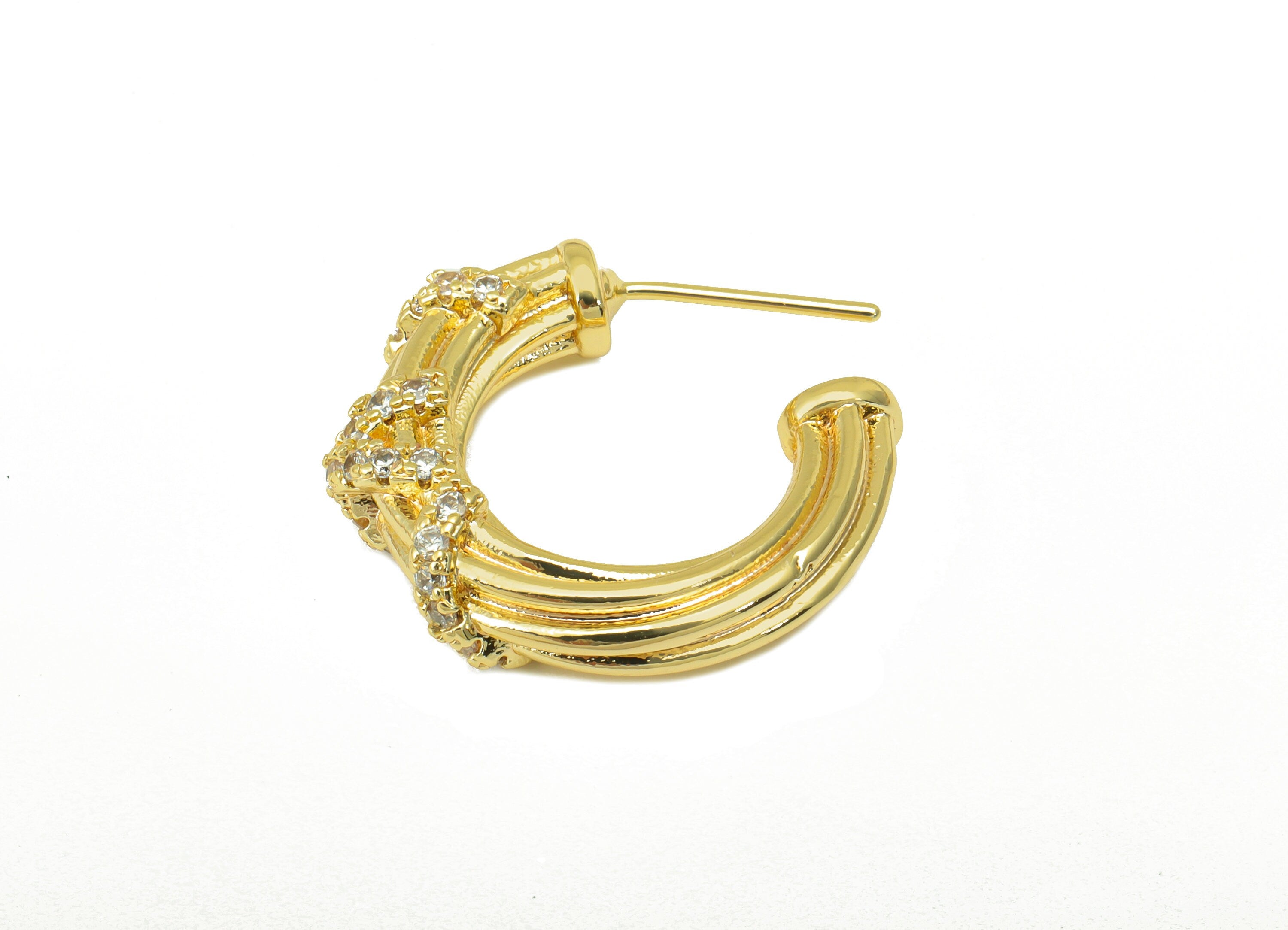 Brass Open Hoop Earring Stud - Zircon Wrapped Hoop Earring Post -Cubic Textured Earring Post - 18K Real Gold Plated - 27x24x6mm- RGP6357 - DOMEDBAZAAR