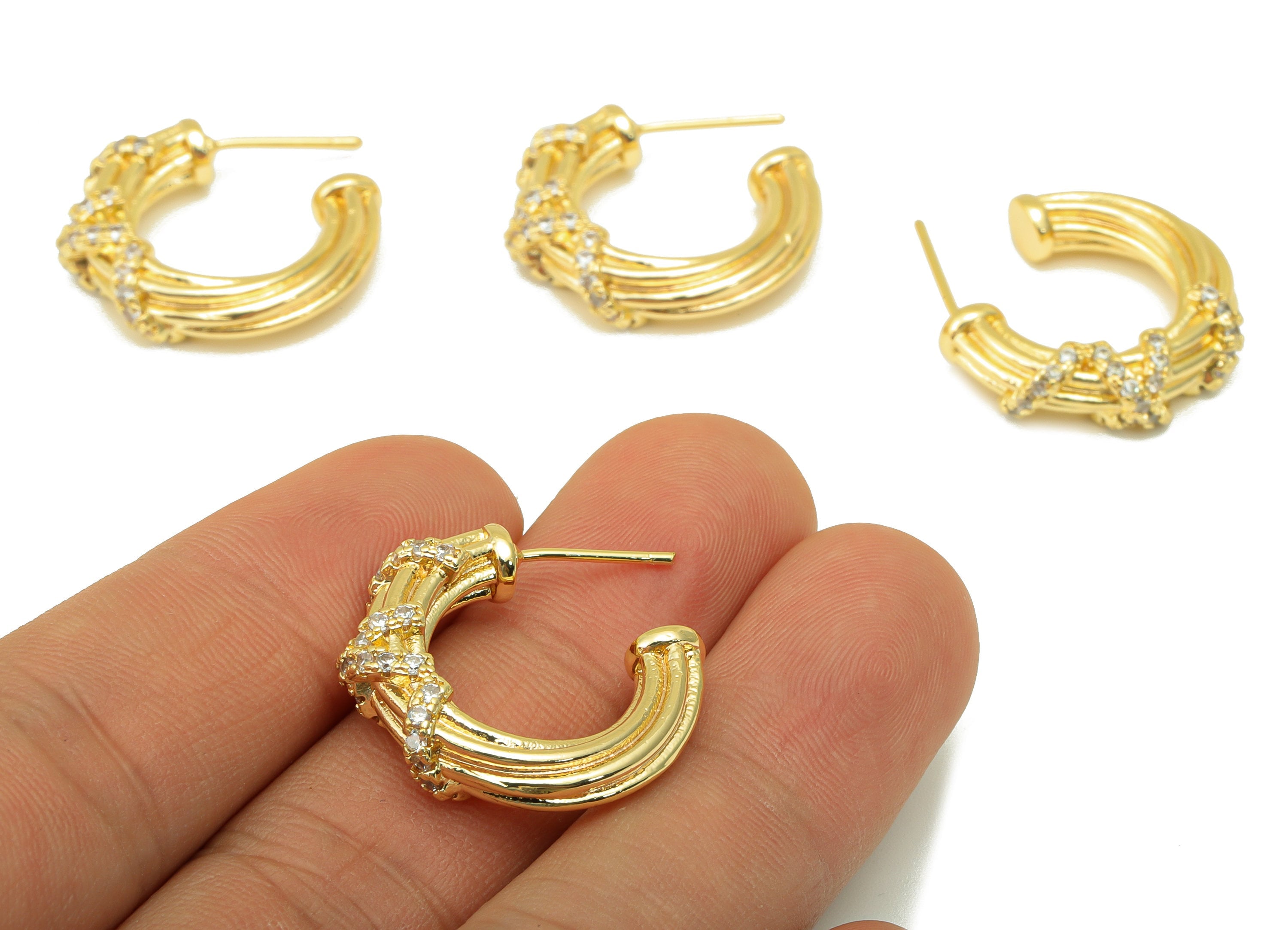 Brass Open Hoop Earring Stud - Zircon Wrapped Hoop Earring Post -Cubic Textured Earring Post - 18K Real Gold Plated - 27x24x6mm- RGP6357 - DOMEDBAZAAR