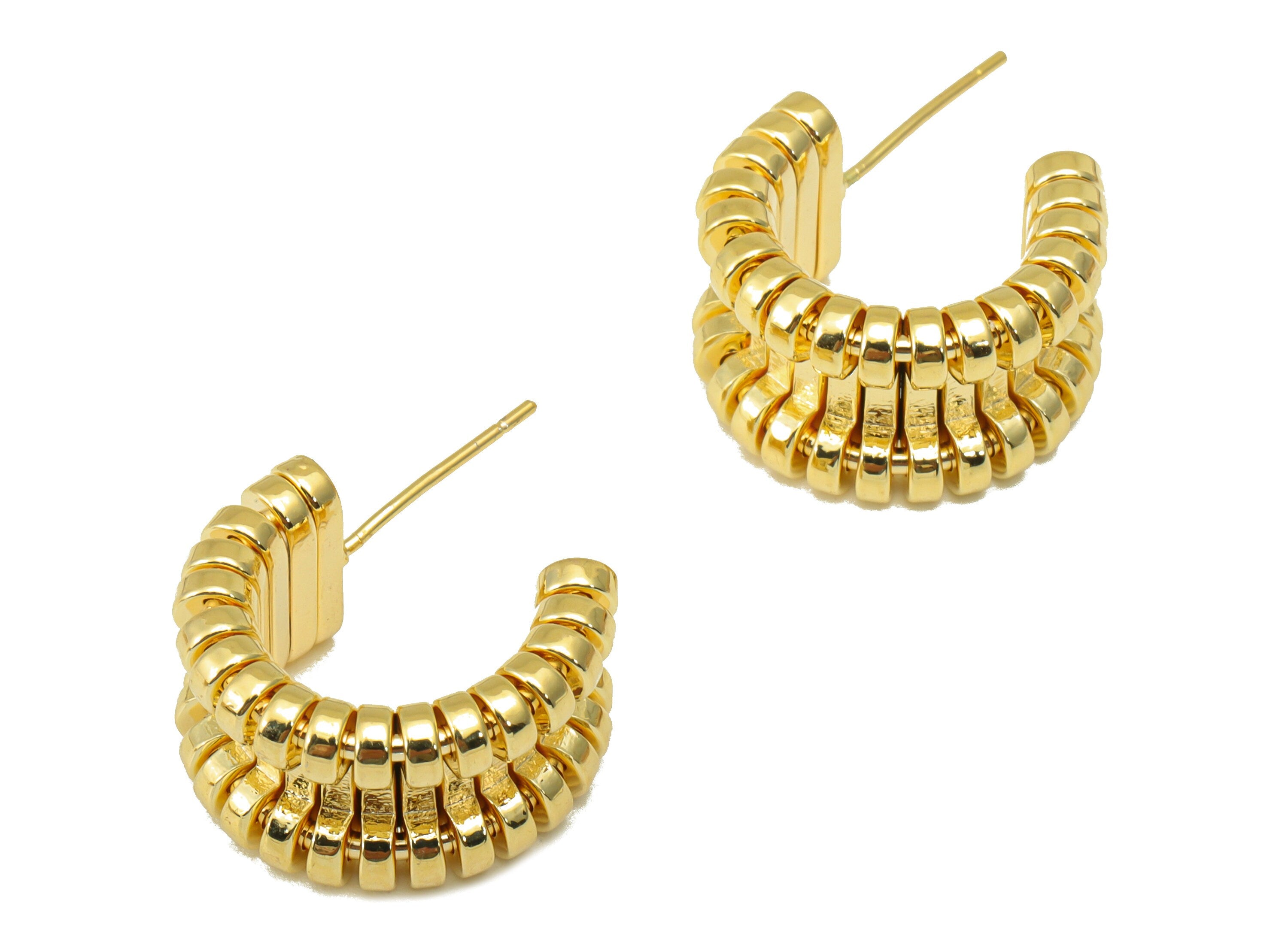 Brass Open Hoop Earring Stud - Brass Thick Earring Post - Cubic Zirconia Hoop Track Earring Post - 18K Real Gold Plated - 25x15x3mm- RGP6337 - DOMEDBAZAAR