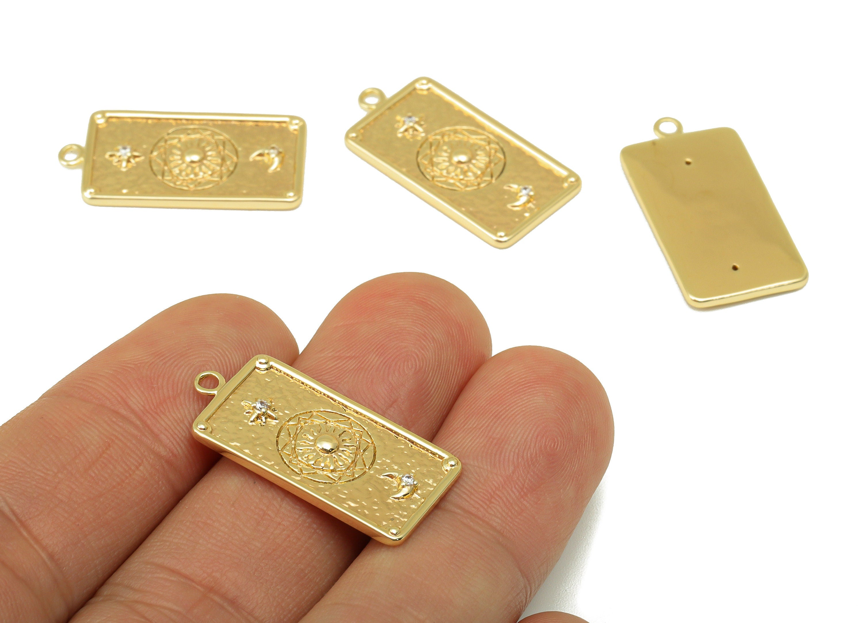Brass Rectangle Earring - Brass Sun Crescent Charm - Cubic Zircon - CZ Textured Star Pendant - 18K Real Gold Plated - 27x13.6x2.1mm- RGP6374 - DOMEDBAZAAR
