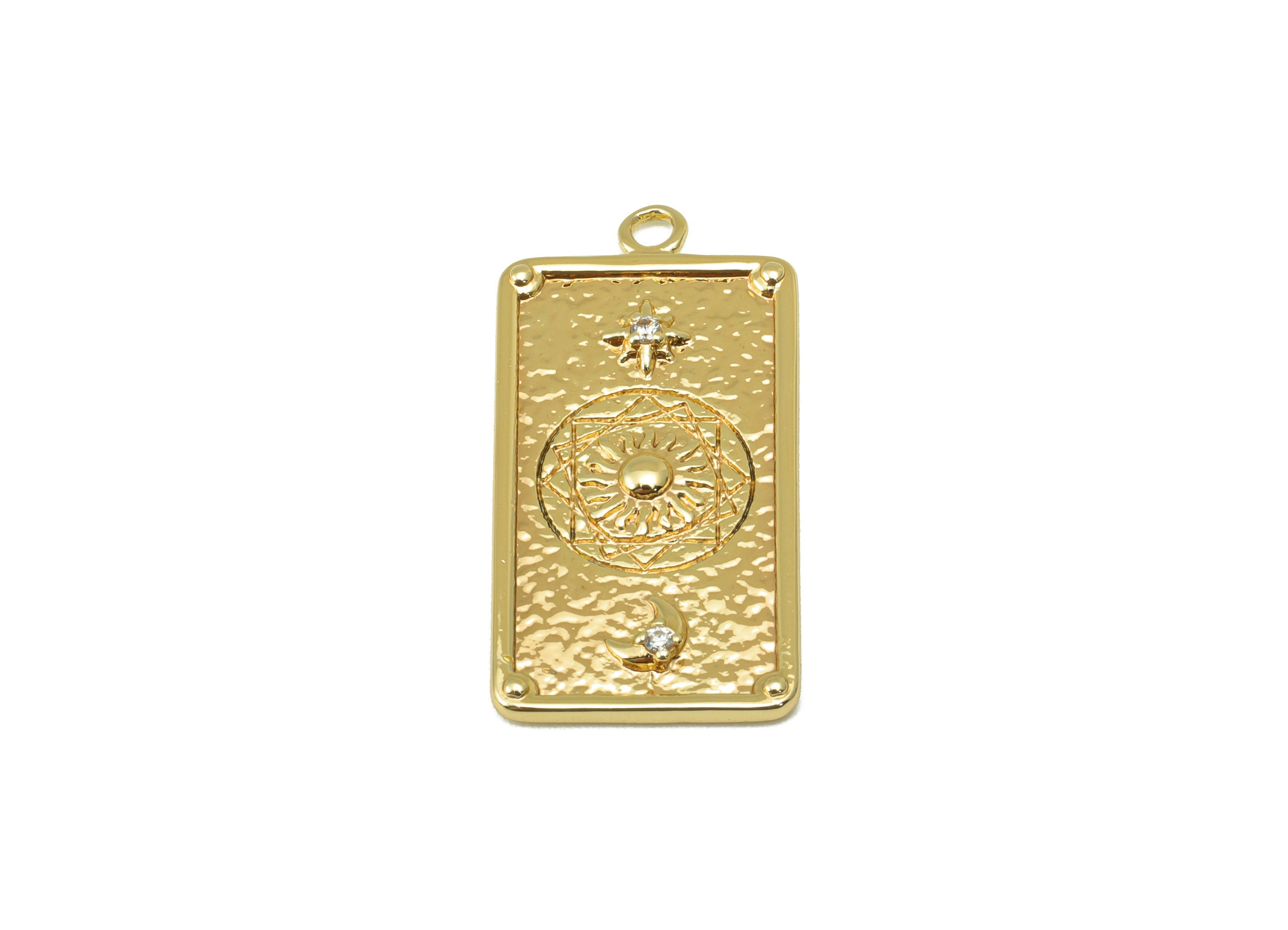 Brass Rectangle Earring - Brass Sun Crescent Charm - Cubic Zircon - CZ Textured Star Pendant - 18K Real Gold Plated - 27x13.6x2.1mm- RGP6374 - DOMEDBAZAAR