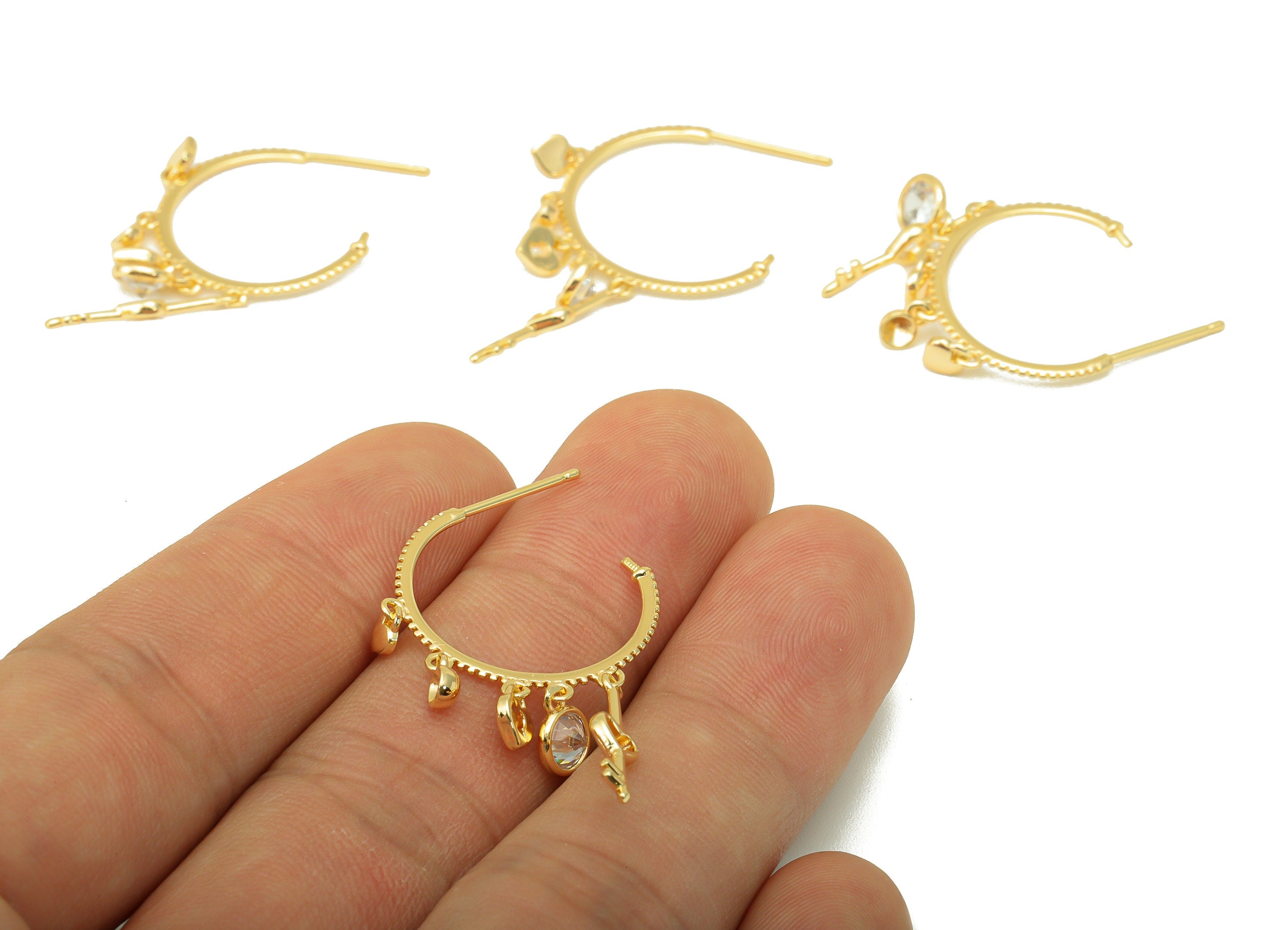Brass Open Hoop Earring Stud - Shake Sawtooth Earring Post - CZ Heart Padlock Key Earring Post - 18K Real Gold Plated - 37x26x1mm- RGP6346 - DOMEDBAZAAR