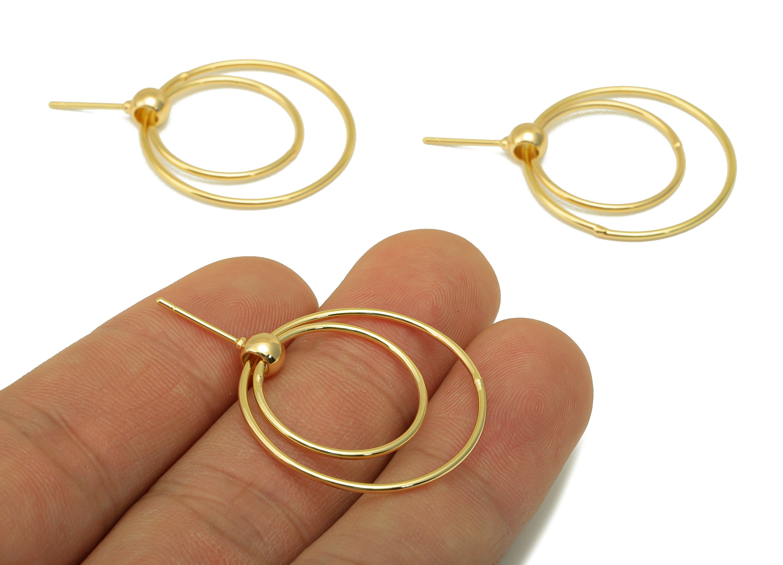 Brass Round Earring Stud - Brass Double Circle Earring Post - Gold Ball Post - Hoop Stud Earring -18K Real Gold Plated - 40x27x1mm- RGP6377 - DOMEDBAZAAR