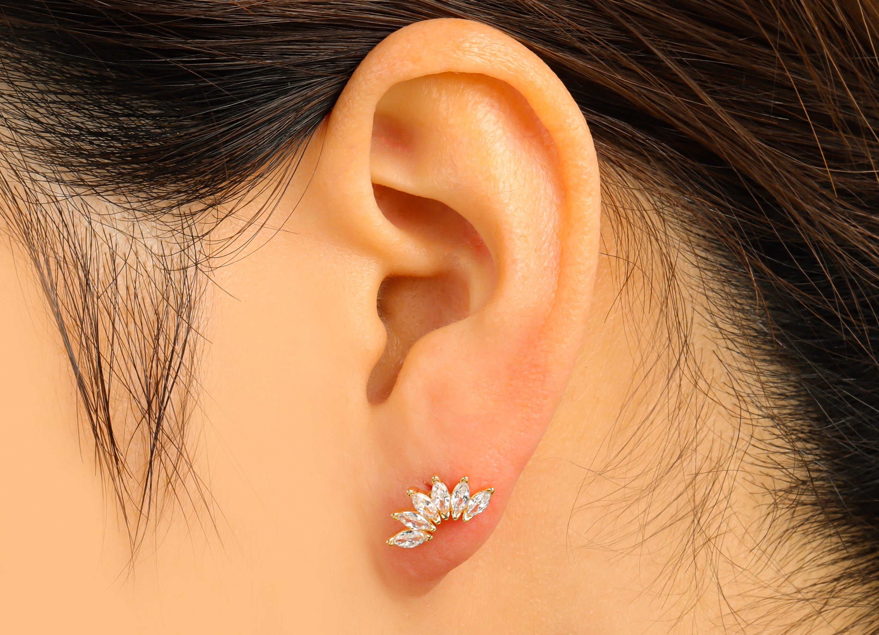 Brass Petal Earring Stud - Brass Marquies CZ Earring Post - Cubic Zirconia Earring Post - 18K Real Gold Plated - 14.36x6.67x 2.34mm- RGP6326 - DOMEDBAZAAR