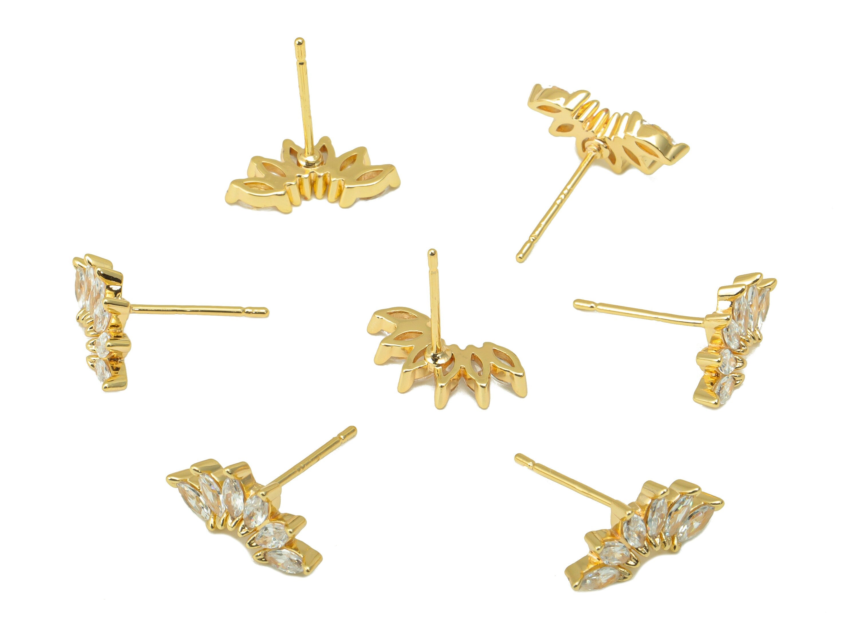 Brass Petal Earring Stud - Brass Marquies CZ Earring Post - Cubic Zirconia Earring Post - 18K Real Gold Plated - 14.36x6.67x 2.34mm- RGP6326 - DOMEDBAZAAR