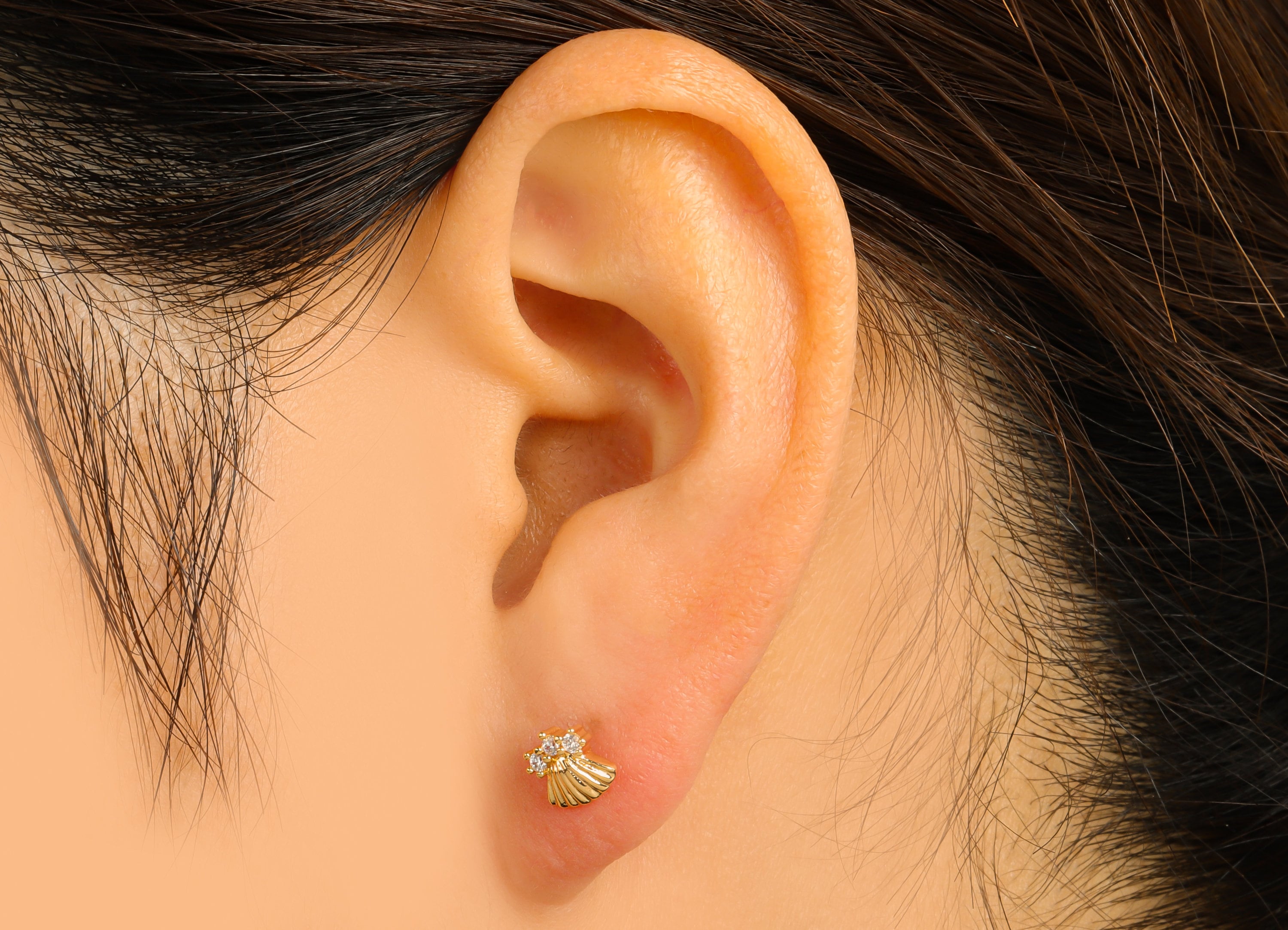 Brass Seashell Earring Stud - Brass Whale Tail Earring Post - Cubic Zirconia Earring Post - 18K Real Gold Plated - 6.73x6.37x2.57mm- RGP6392 - DOMEDBAZAAR