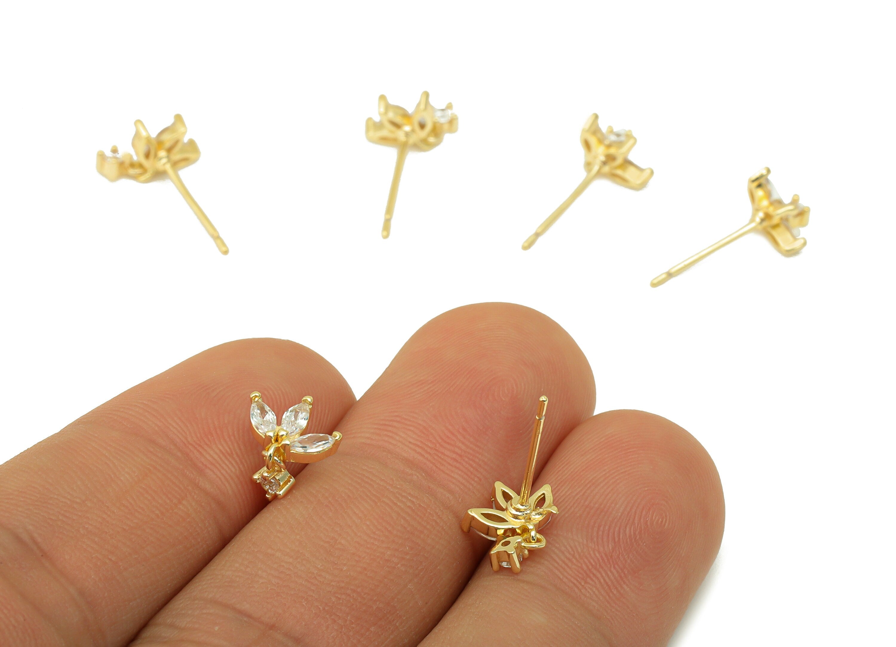 Brass Petal Earring Stud - Brass Marquise Earring Post - Shake Cubic Zirconia Earring Post - 18K Real Gold Plated - 11.09x8.1x1.9mm- RGP6391 - DOMEDBAZAAR