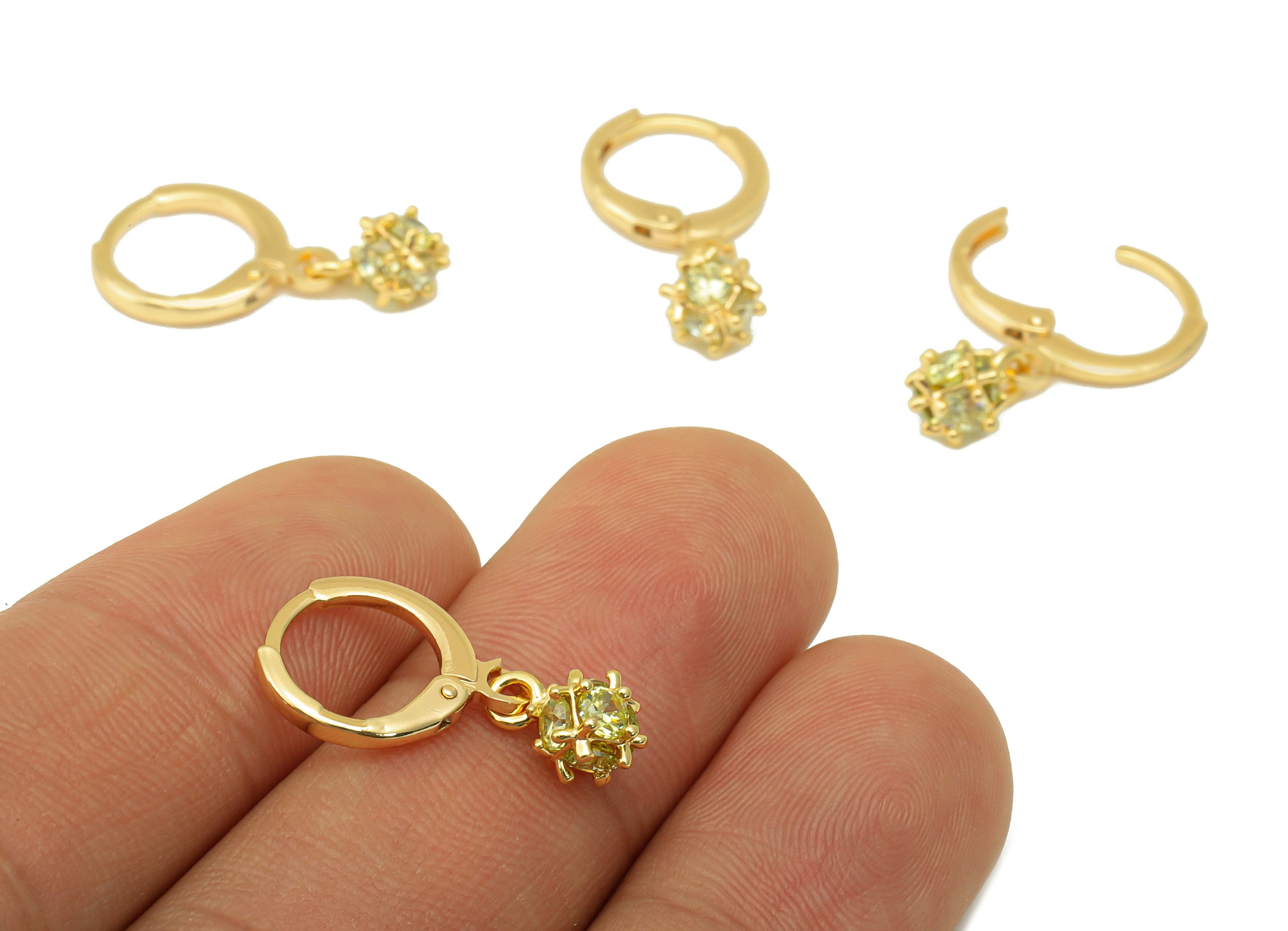 Brass Round Clasp - Brass CZ Huggie Hoop Clasp - Cubic Zirconia Ball Lever Back Clasp - 18K Real Gold Plated - 21.68x11.28x6.07mm- RGP6393 - DOMEDBAZAAR