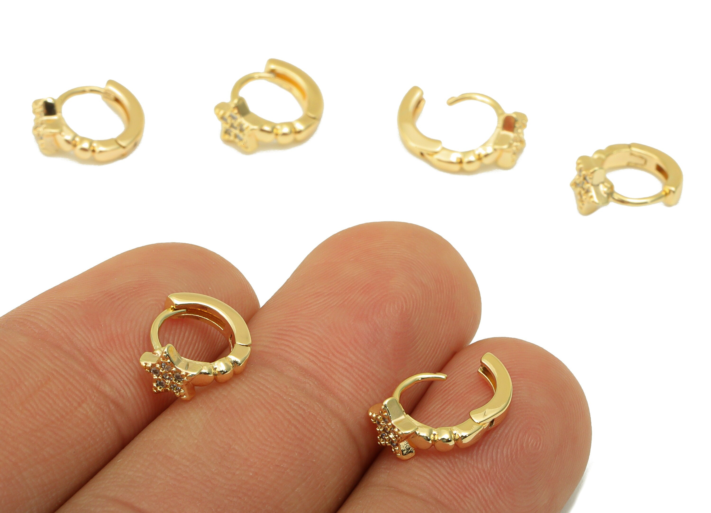 Brass Star Round Clasp - Brass CZ Huggie Hoop Clasp - Cubic Zirconia Circle Hoop Clasp - 18K Real Gold Plated - 10.86x8.94x 2.54mm- RGP6367 - DOMEDBAZAAR