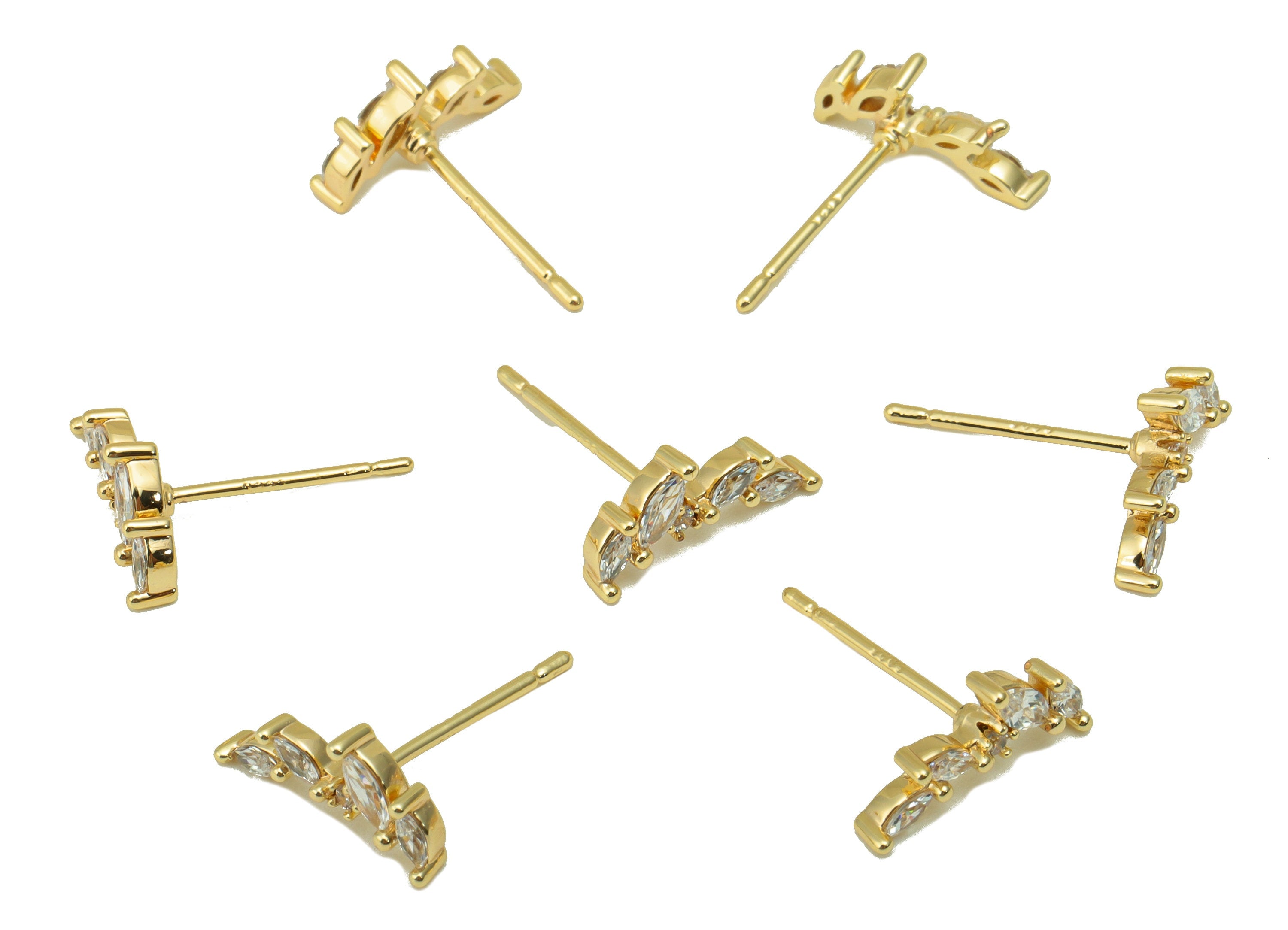 Brass Branch Earrings Stud - Brass Marquise Earring Post - Cubic Zirconia Leaf Earring Wire - 18K Real Gold Plated -12x 5.6x 2.22mm- RGP6281 - DOMEDBAZAAR