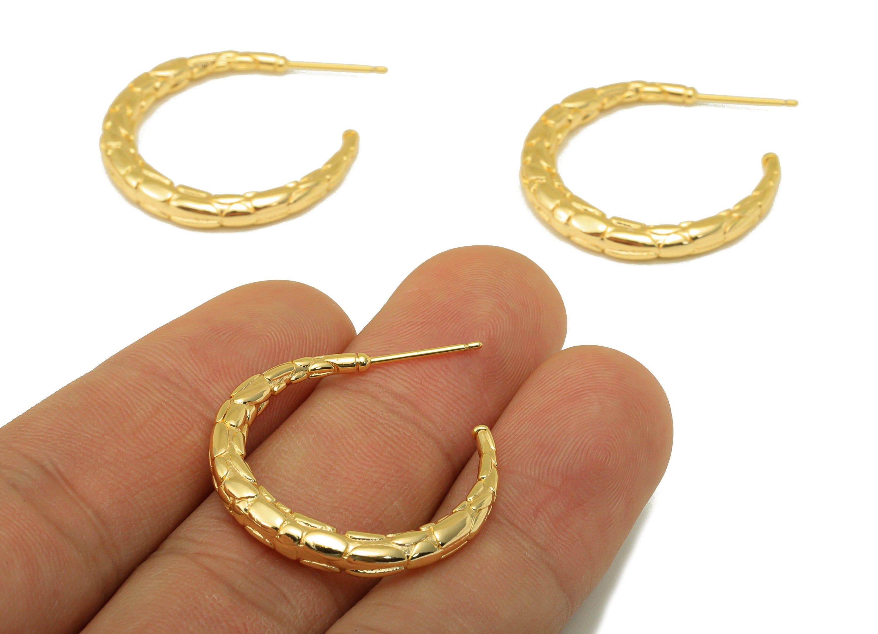 Brass Open Hoop Stud - Textured Earring Post -Crescent Earring Hoop Post - 18K Real Gold Plated - 33.57x27.6 x 3.6mm- RGP6211 - DOMEDBAZAAR