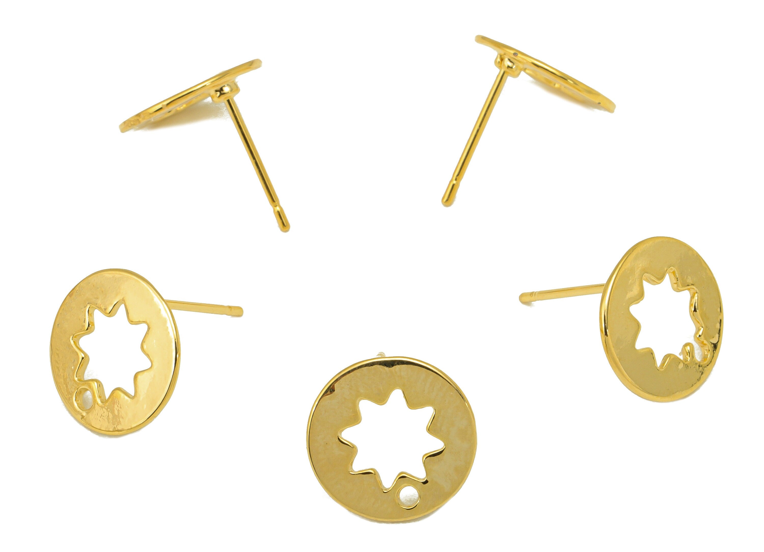 Brass Round Earring Stud - Flower Earring Post With Hole -Hollow Star Earring Post - 18K Real Gold Plated - 11.97x11.63x 0.92mm- RGP6266 - DOMEDBAZAAR