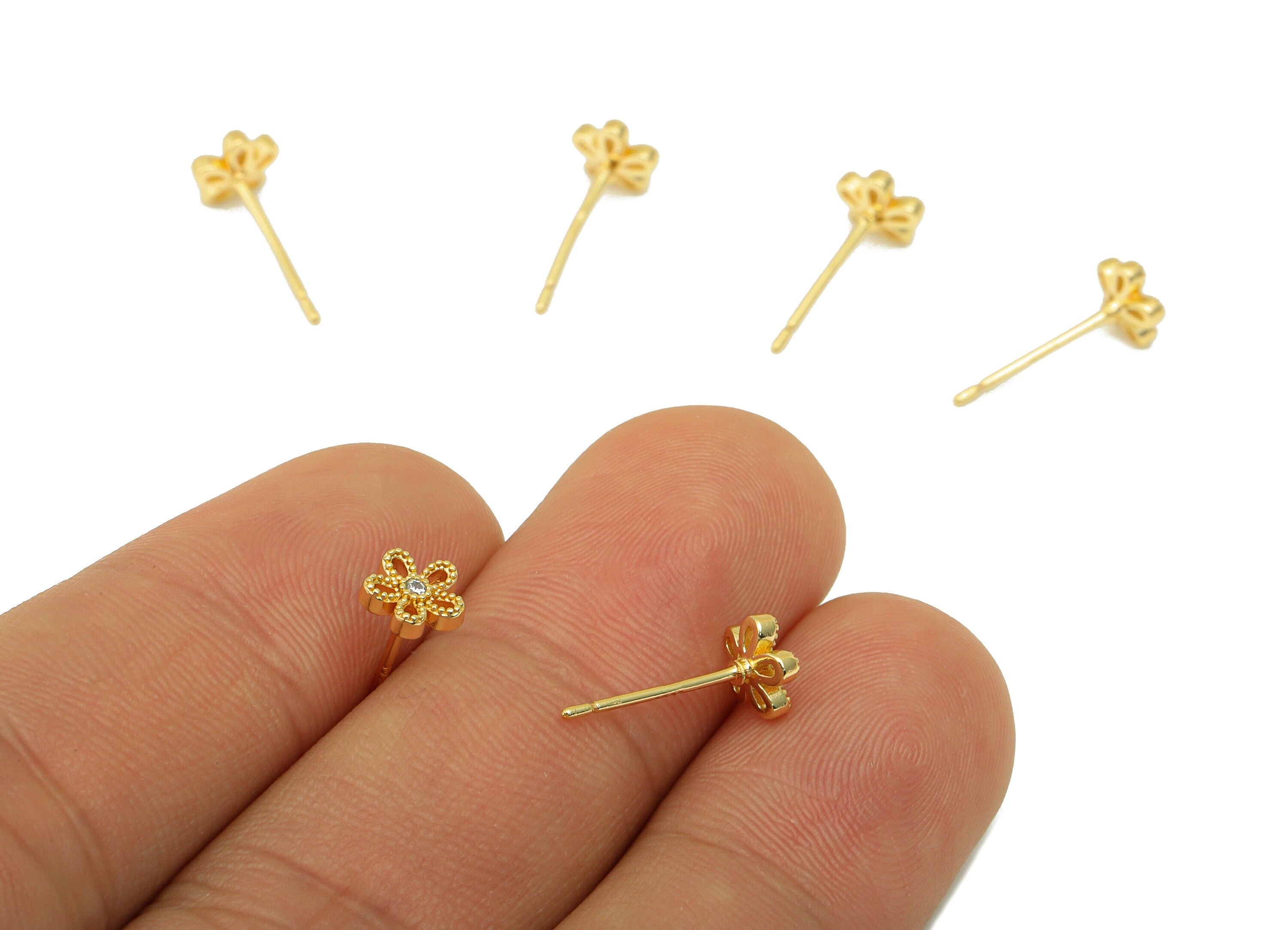 Brass Flower Earring Stud - Brass Cubic Zircon Earring Post -Daisy Earring Post - Earring Post - 18K Real Gold Plated - 5.99x6x2mm- RGP6220 - DOMEDBAZAAR